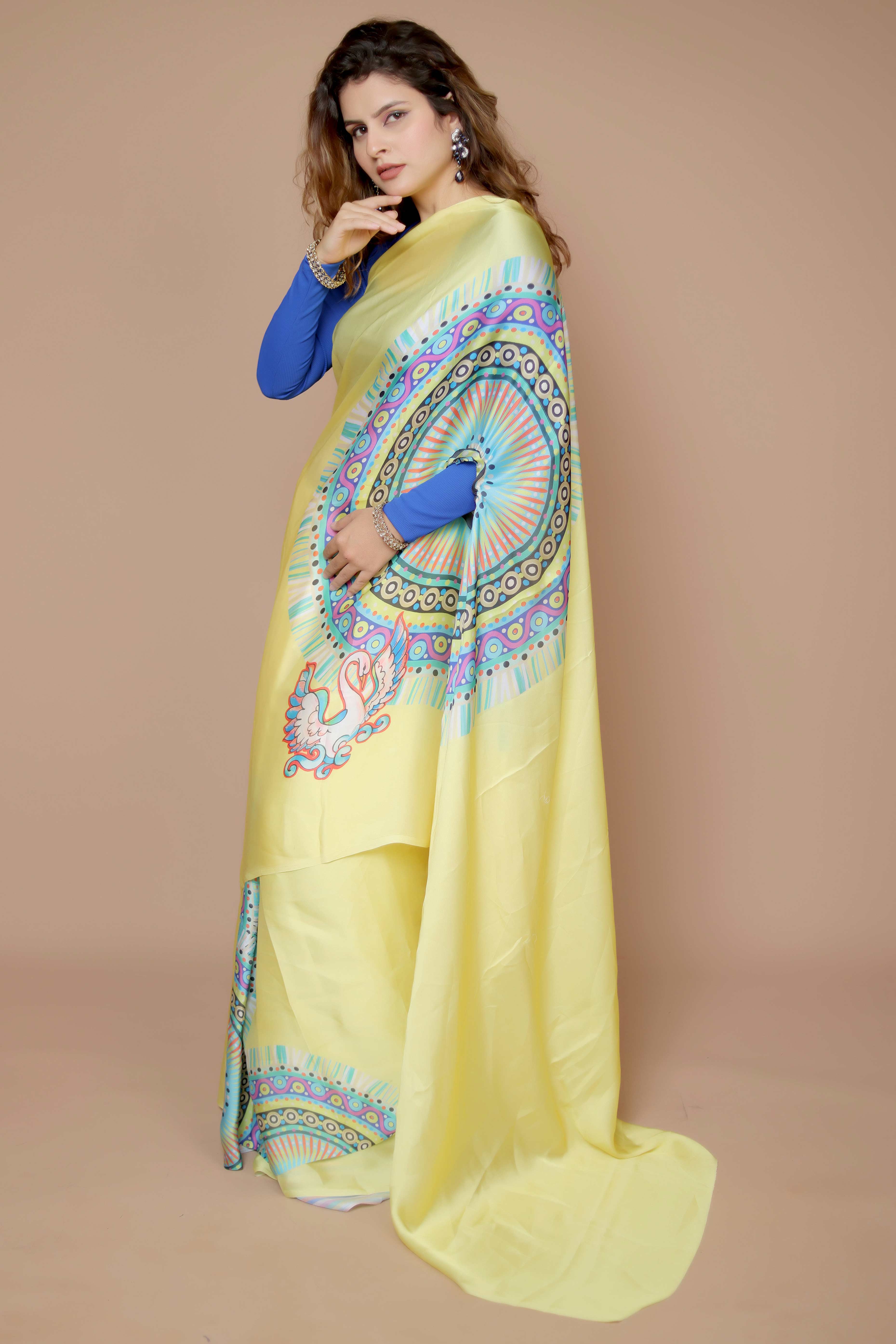 Yellow Designer Freehand Saree In Satin Georgette With Striking Digital Print
