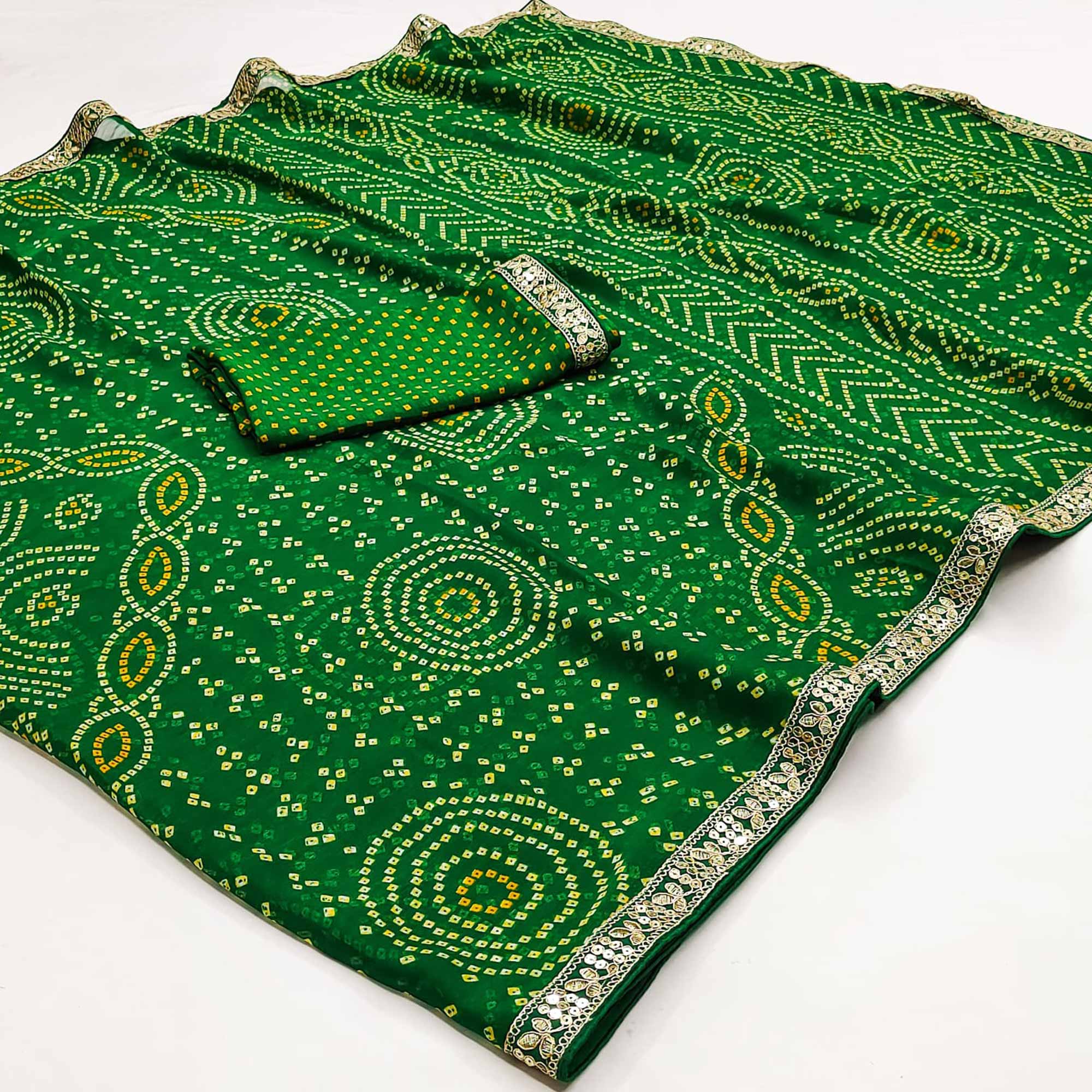 Green Bandhani Printed Chiffon Saree