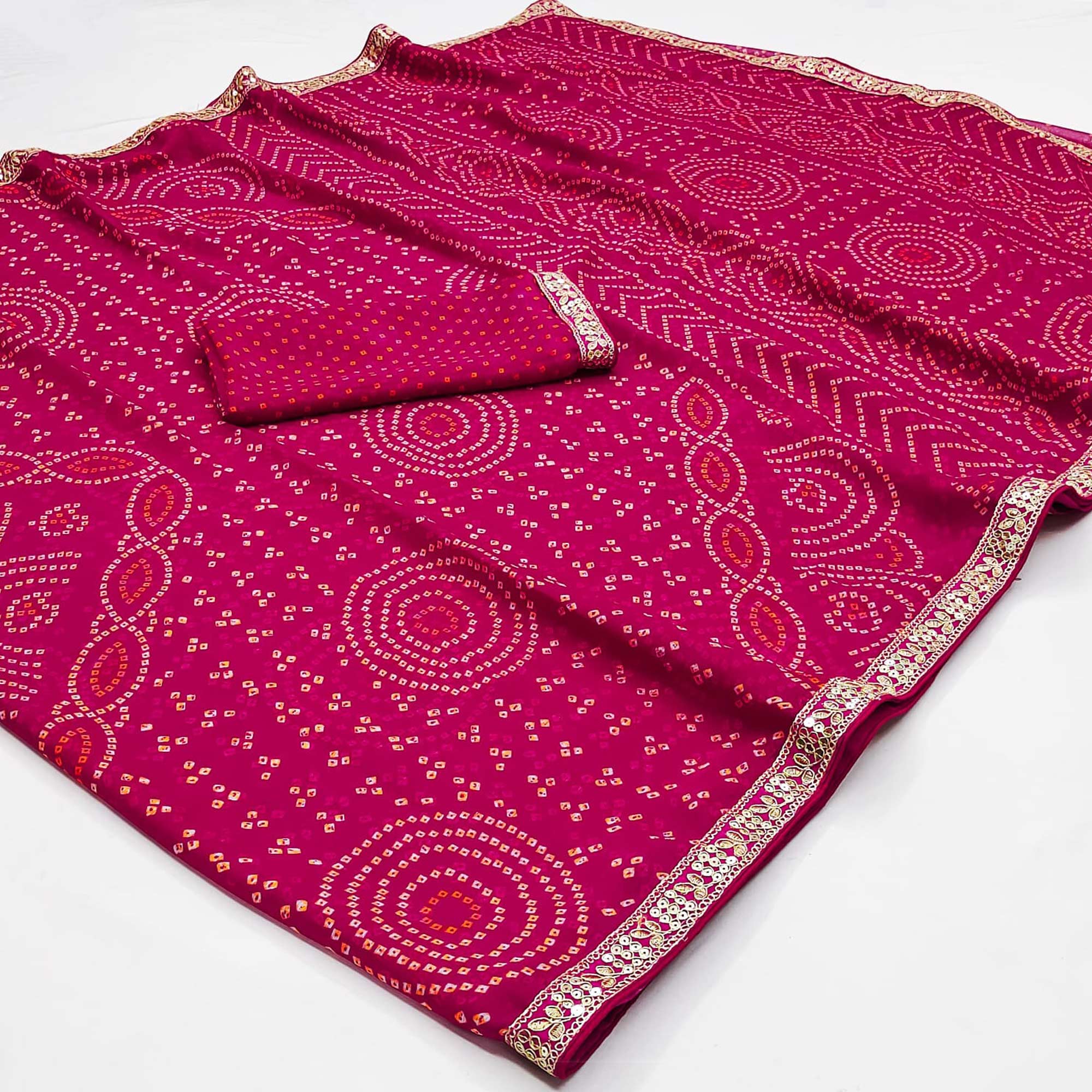 Pink Bandhani Printed Chiffon Saree