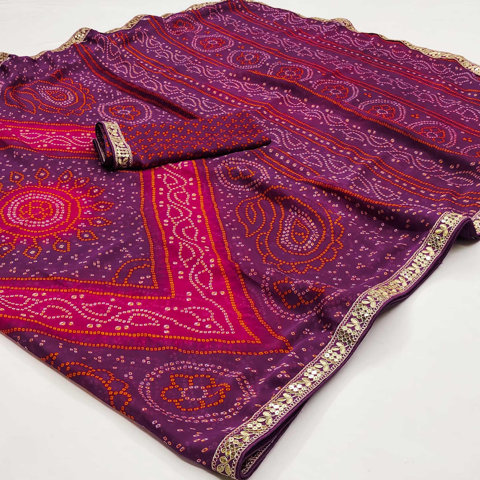 Purple & Pink Bandhani Printed Chiffon Saree