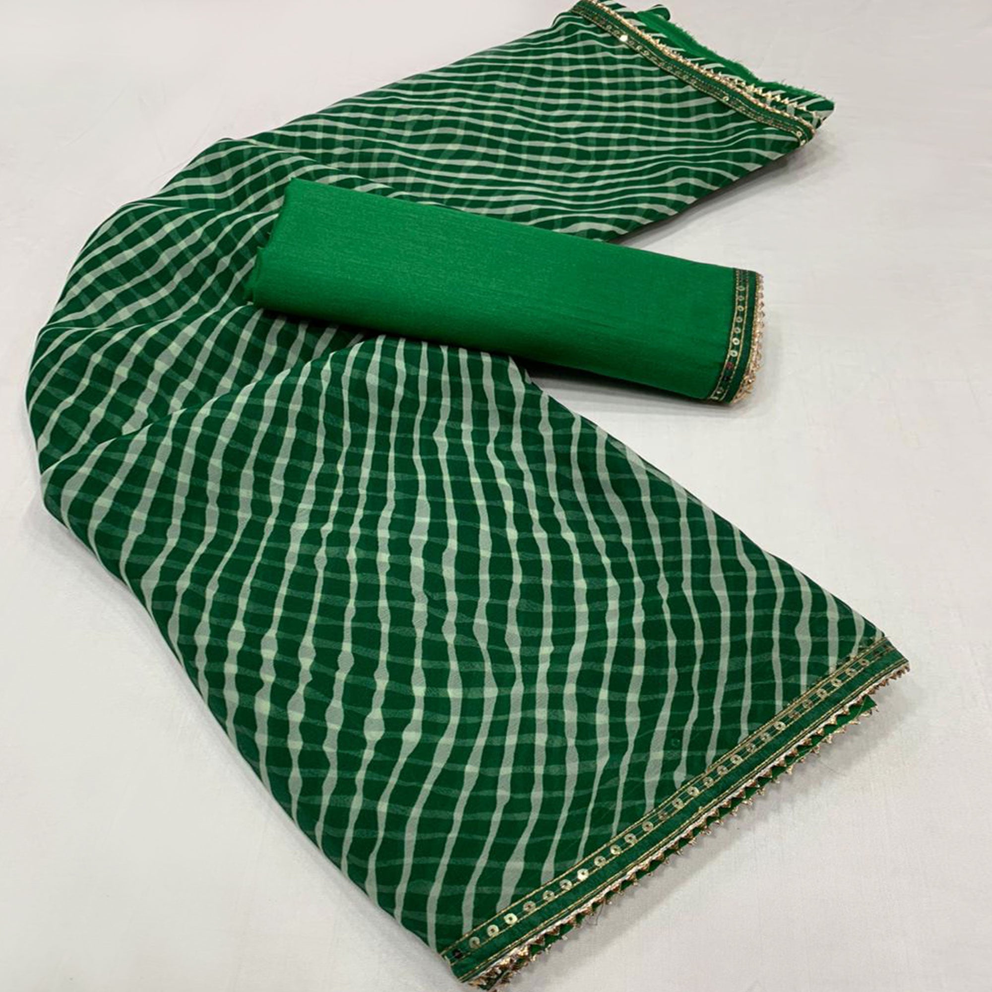 Green & White Printed Georgette Saree With Sequins Border