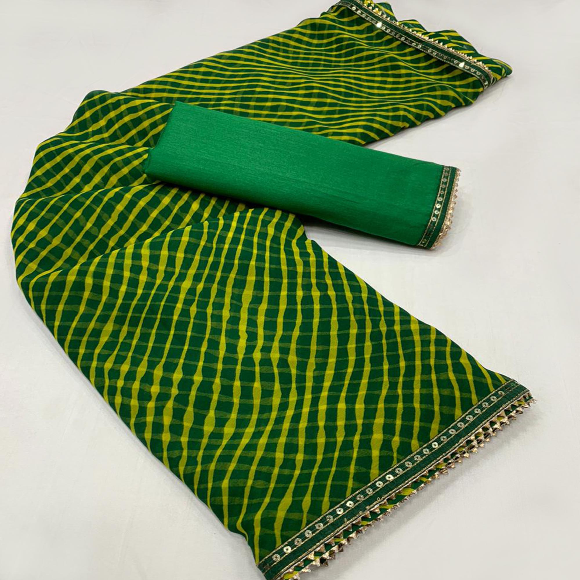 Green & Yellow Printed Georgette Saree With Sequins Border