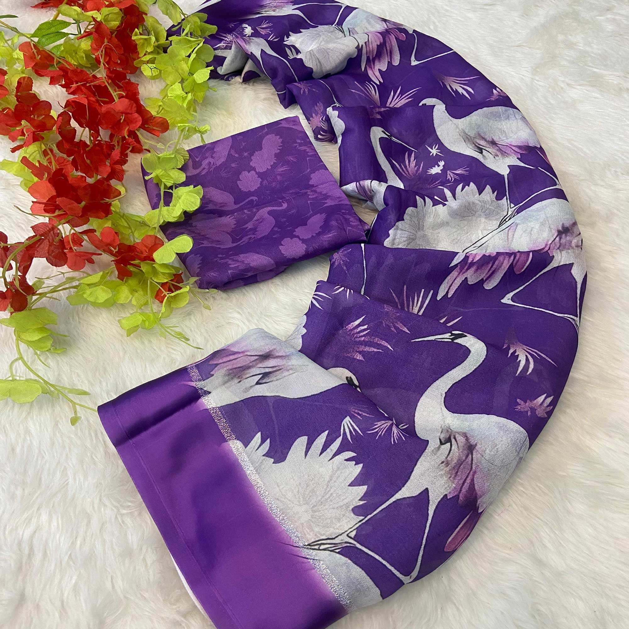 Purple Printed Moss Chiffon Saree With Zari Woven Border