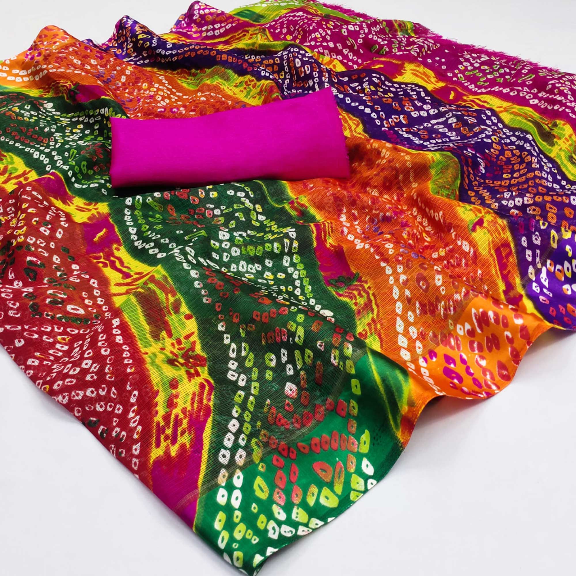 Multicolor Bandhani Printed Georgette Saree With Tassels