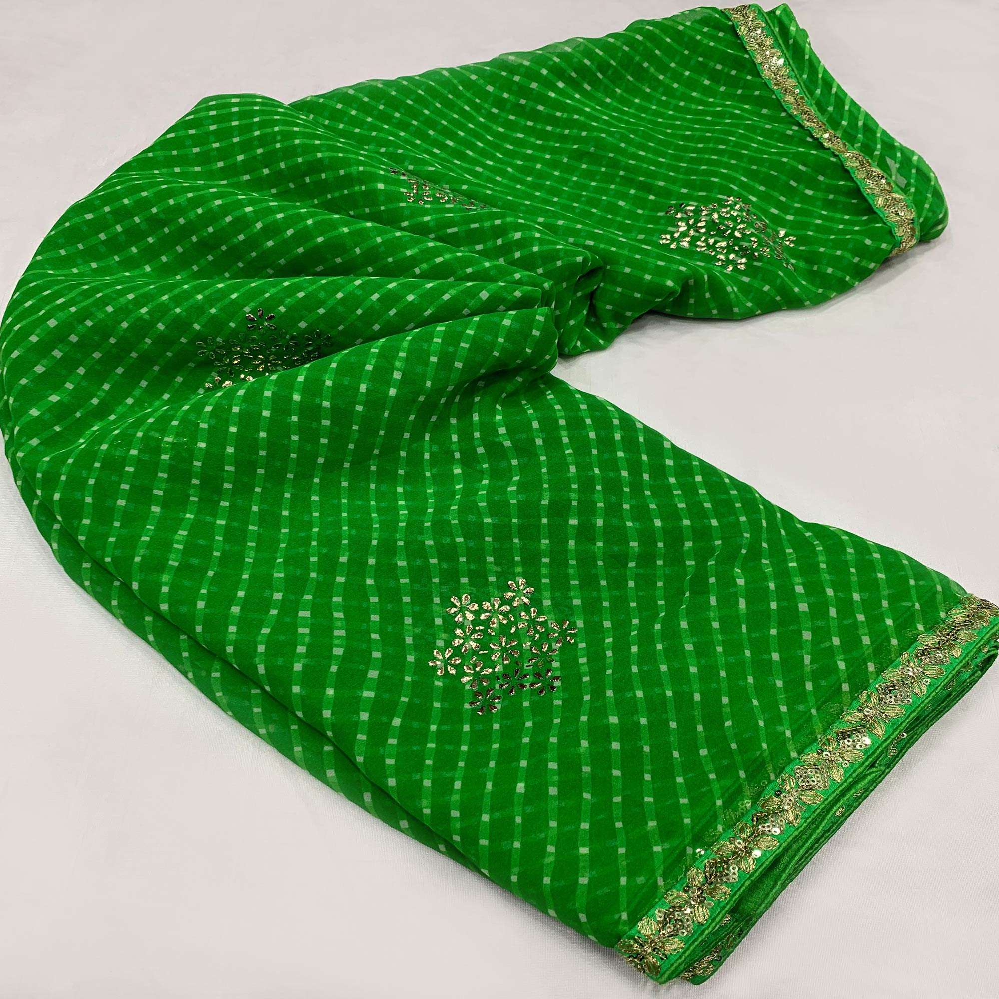 Green Printed Georgette Saree With lace Border