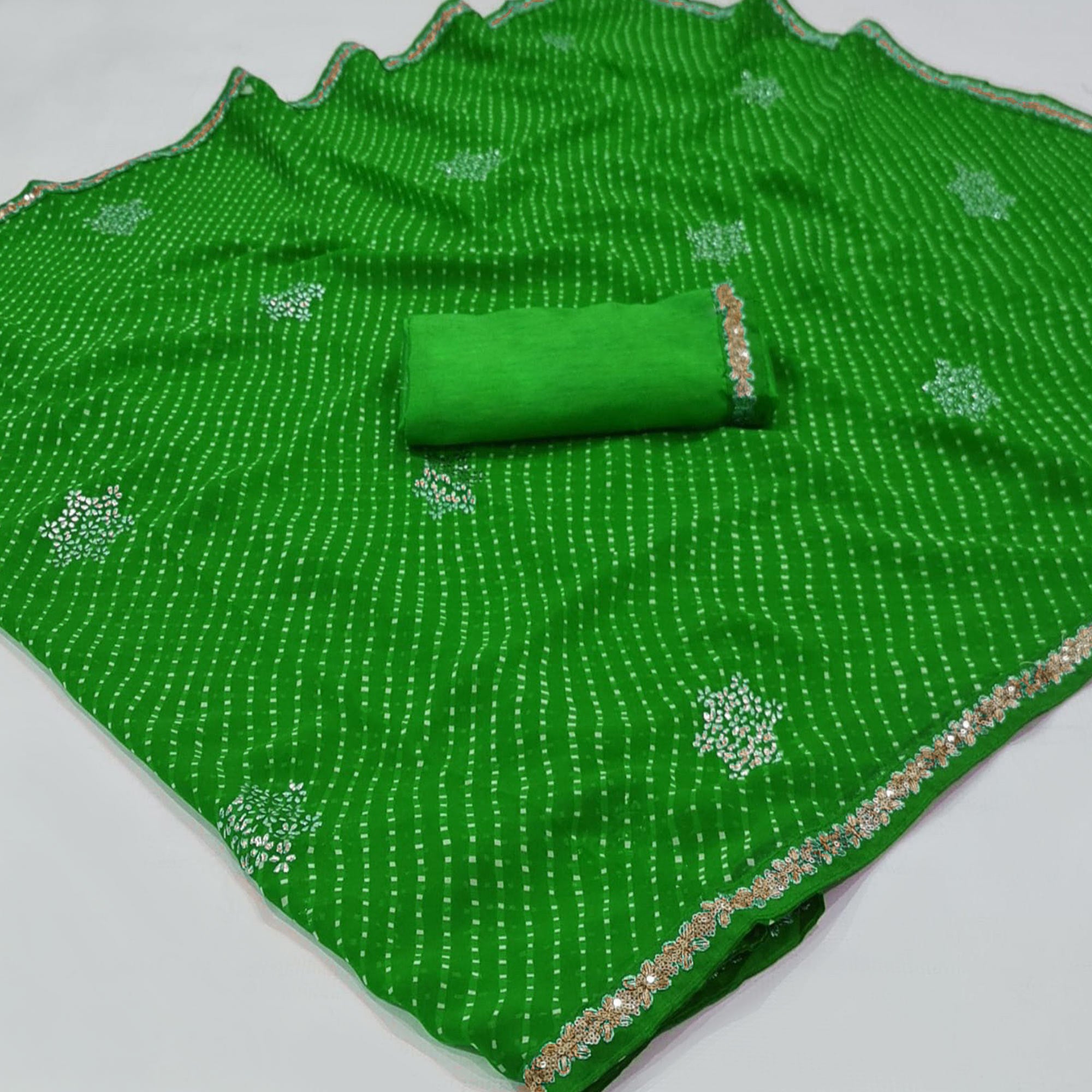 Green Printed Georgette Saree With lace Border