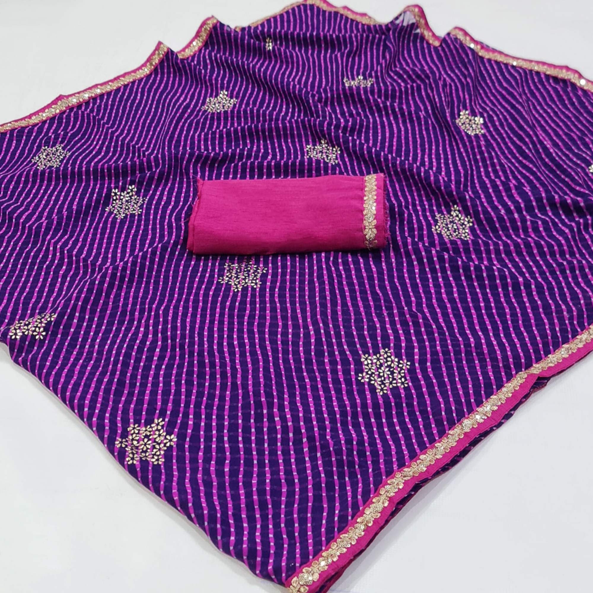 Purple Printed Georgette Saree With lace Border