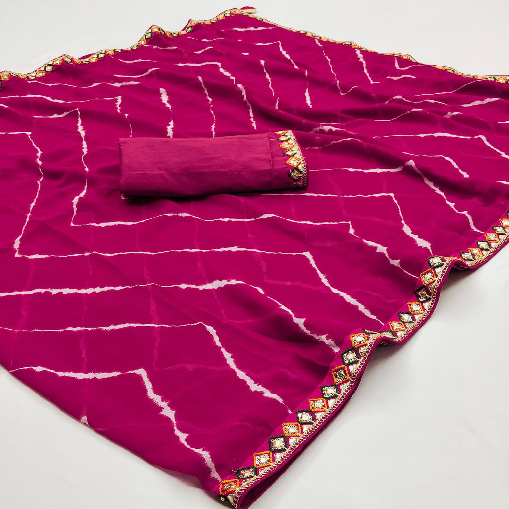 Pink Leheriya Printed Georgette Saree With Sequins Border