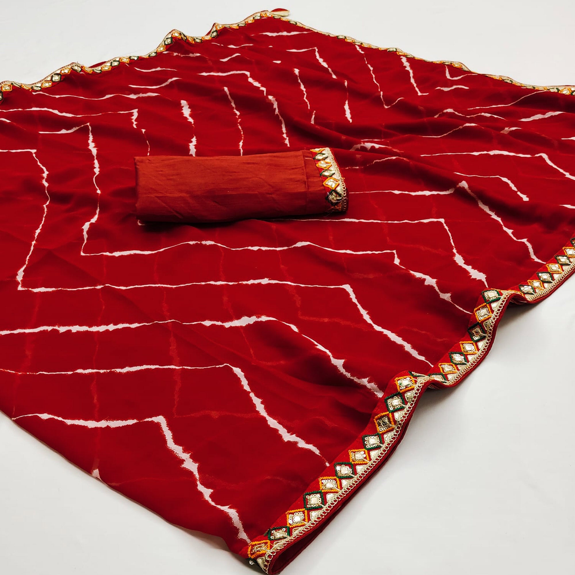 Red Leheriya Printed Georgette Saree With Sequins Border