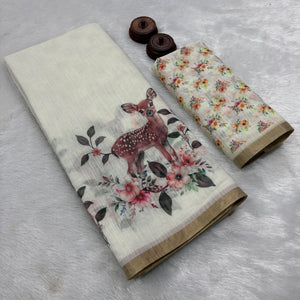 Off White Handprinted Linen Saree with Beautifully Woven Zari Edging