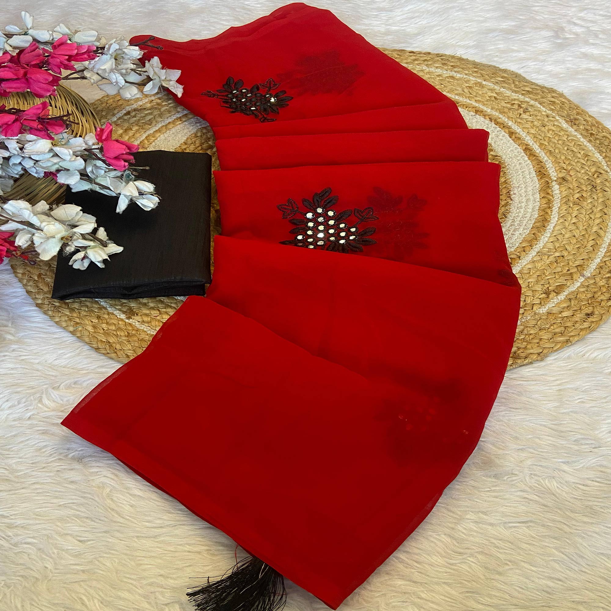Red Floral Embroidered Vichitra Silk Saree
