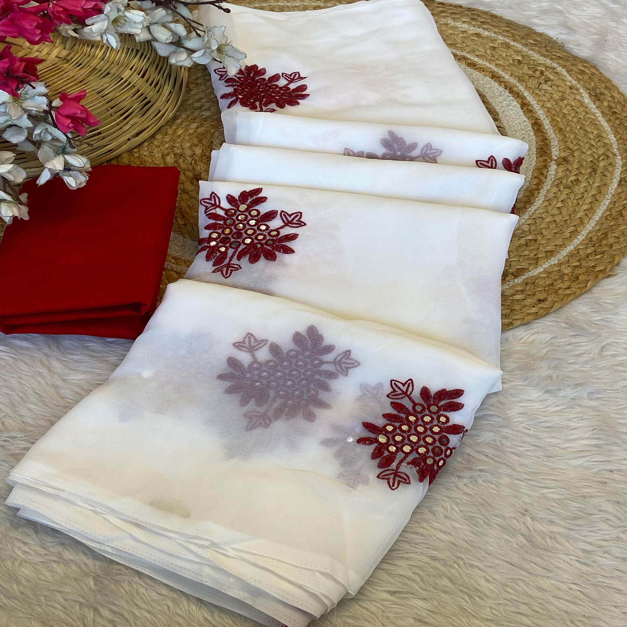 White Floral Embroidered Vichitra Silk Saree