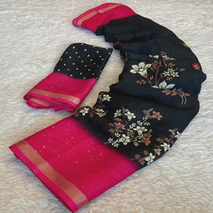Black Floral Printed Moss Georgette Saree With Elegant Zari & Sequins Border Work