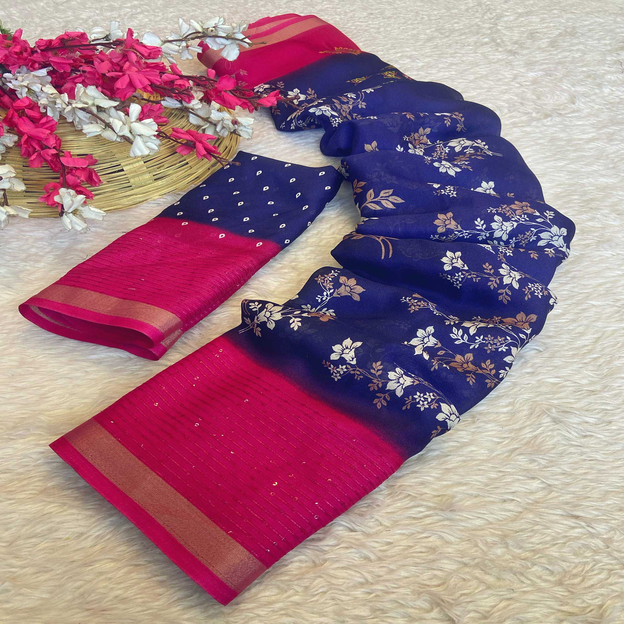 Blue Floral Printed Moss Georgette Saree With Elegant Zari & Sequins Border Work