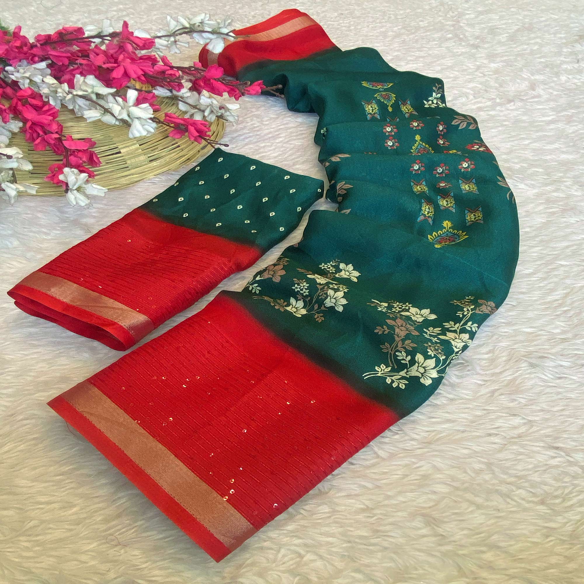 Green Floral Printed Moss Georgette Saree With Elegant Zari & Sequins Border Work