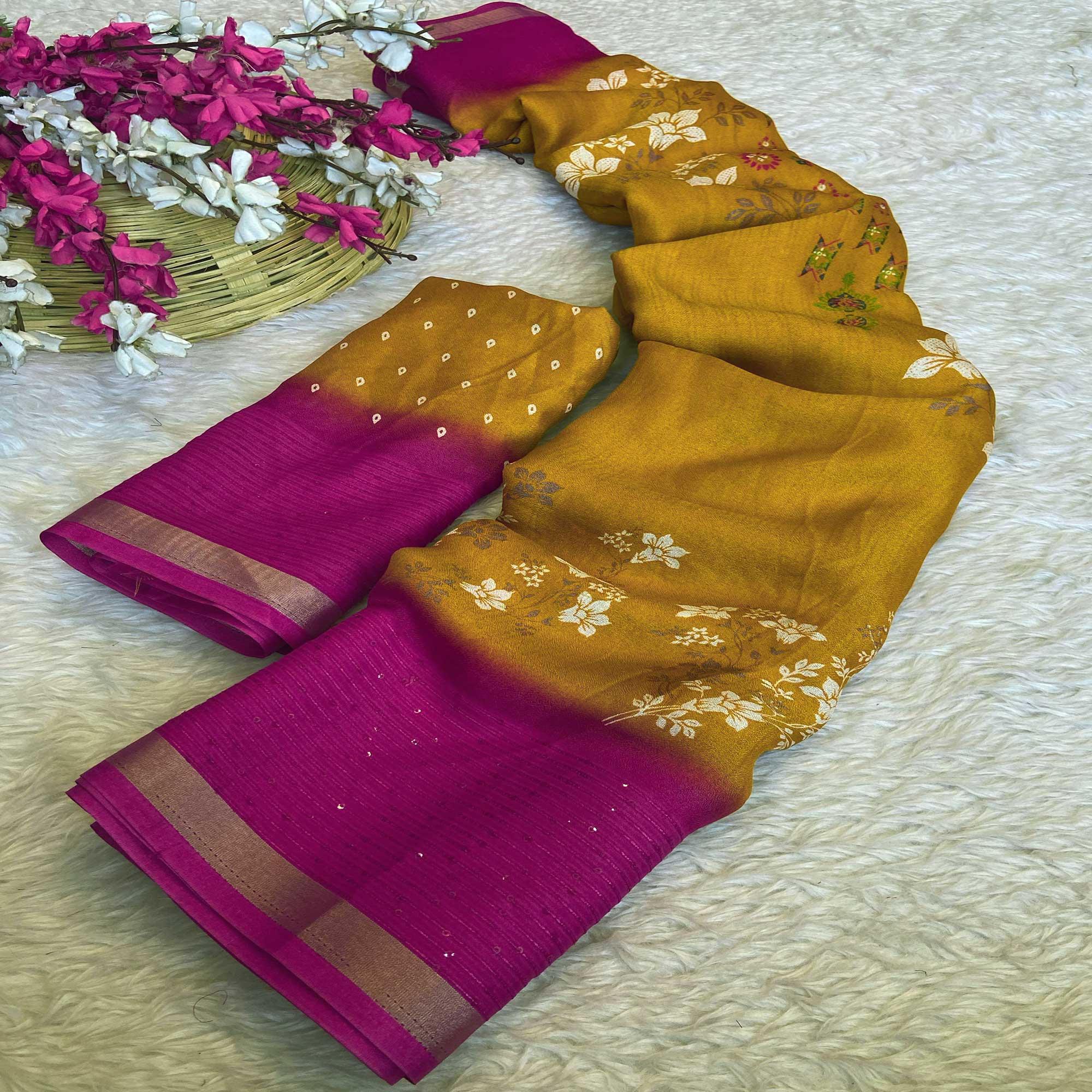Mustard Floral Printed Moss Georgette Saree With Elegant Zari & Sequins Border Work