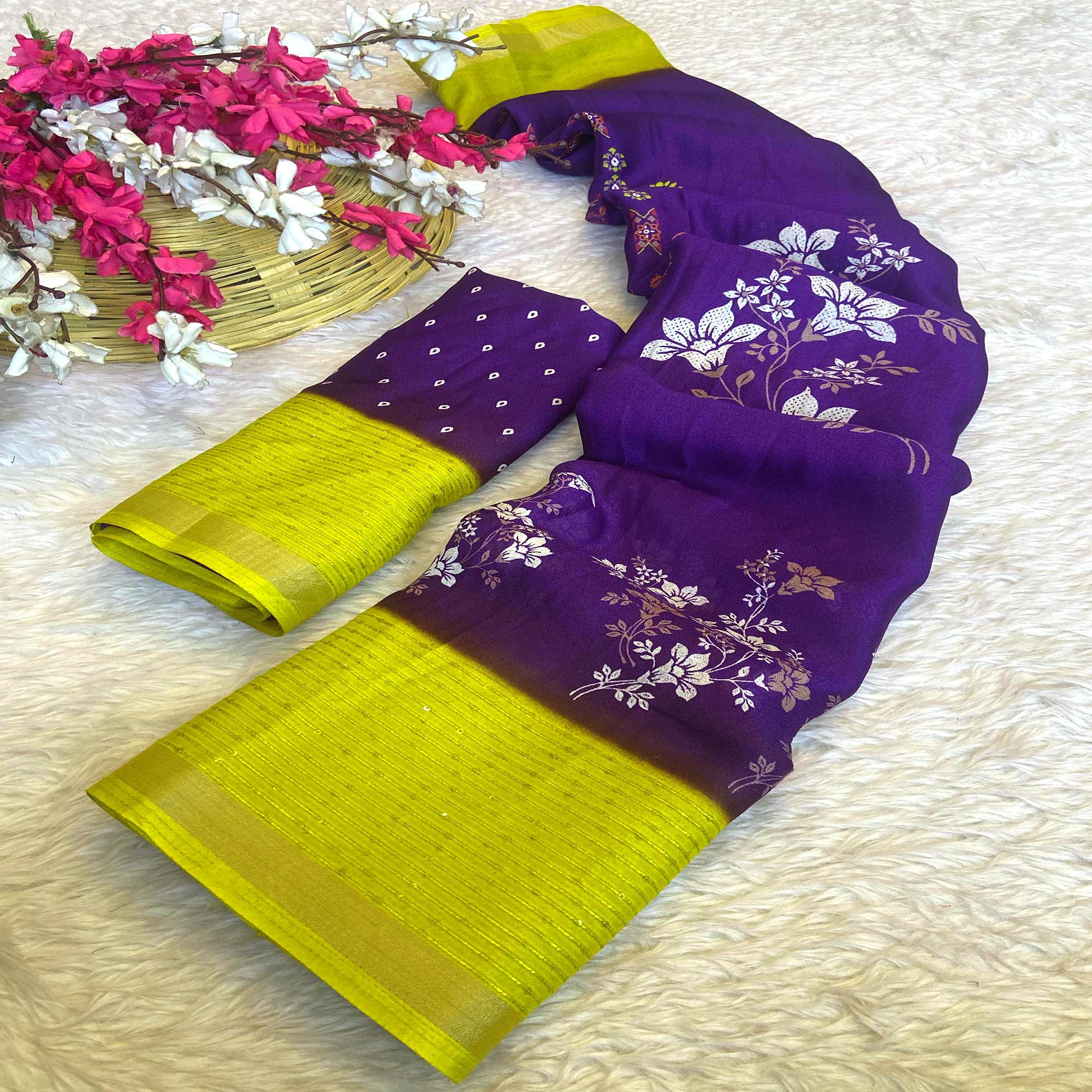 Purple Floral Printed Moss Georgette Saree With Elegant Zari & Sequins Border Work