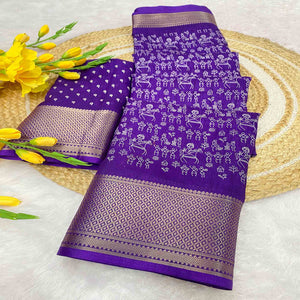 Lavender Dola Silk Saree with Warli Prints and Golden Zari Border
