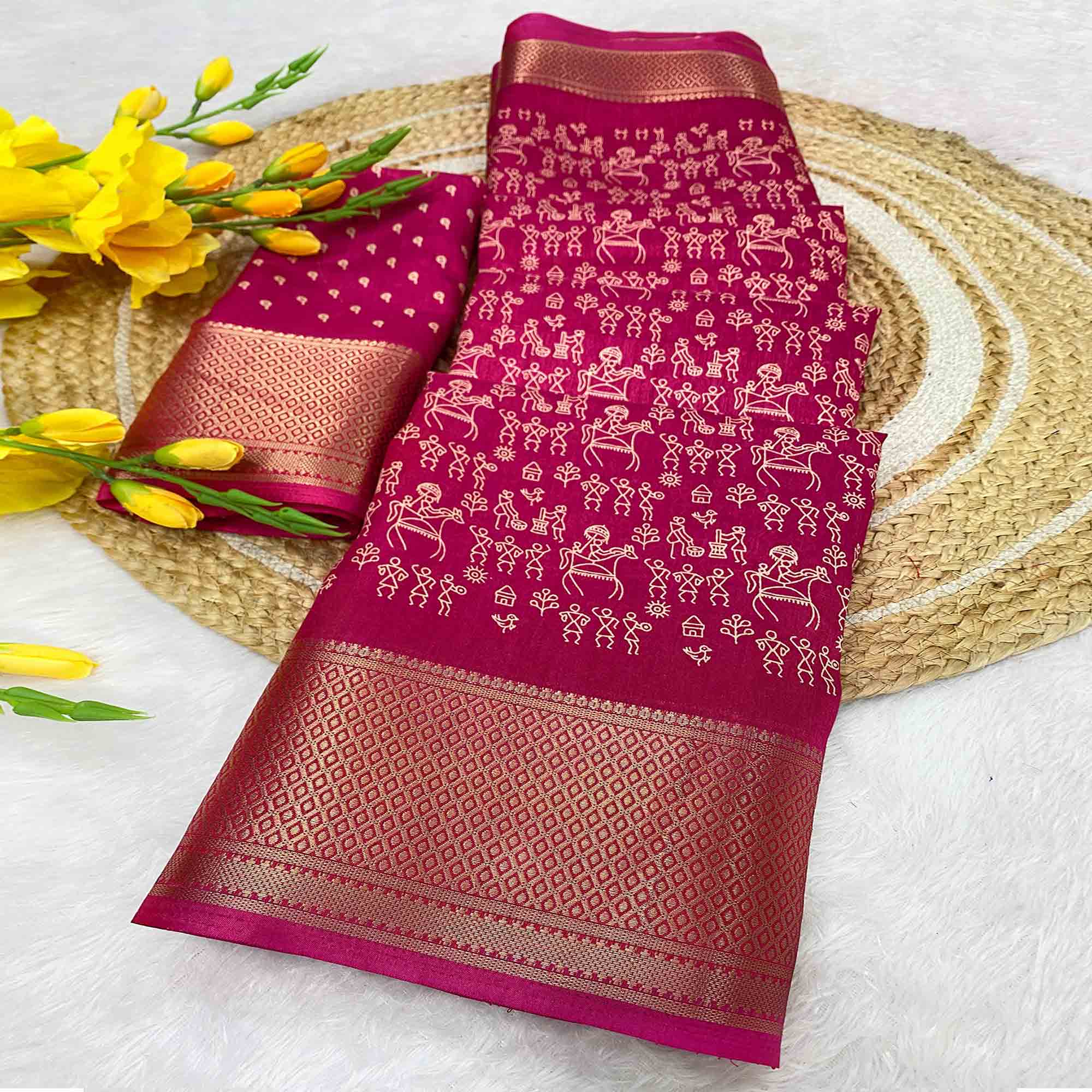 Pink Dola Silk Saree with Warli Prints and Golden Zari Border