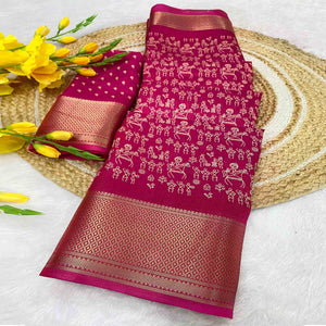 Pink Dola Silk Saree with Warli Prints and Golden Zari Border