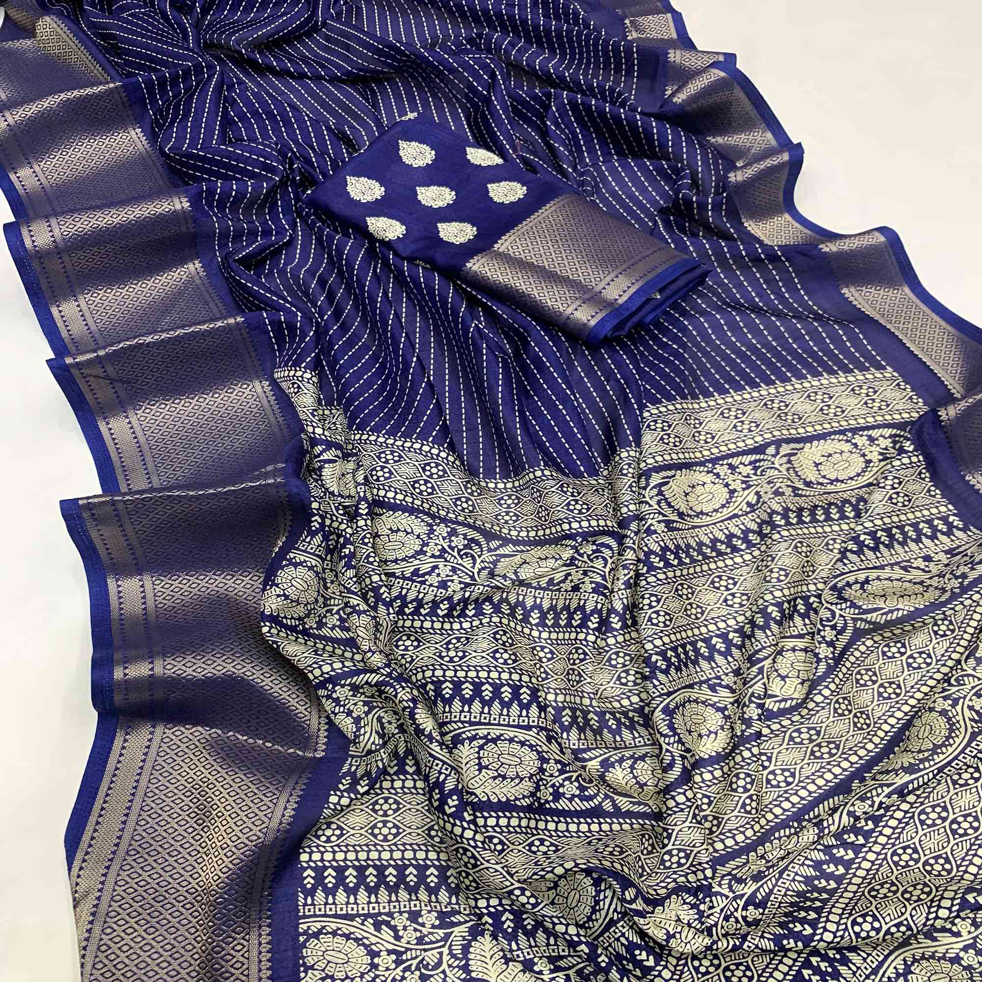 Blue Printed Dola Silk Saree With Jacquard Border