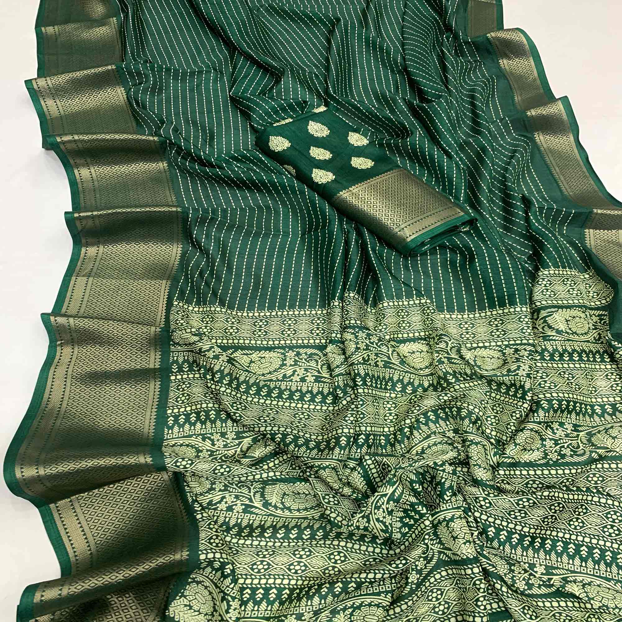 Green Printed Dola Silk Saree With Jacquard Border