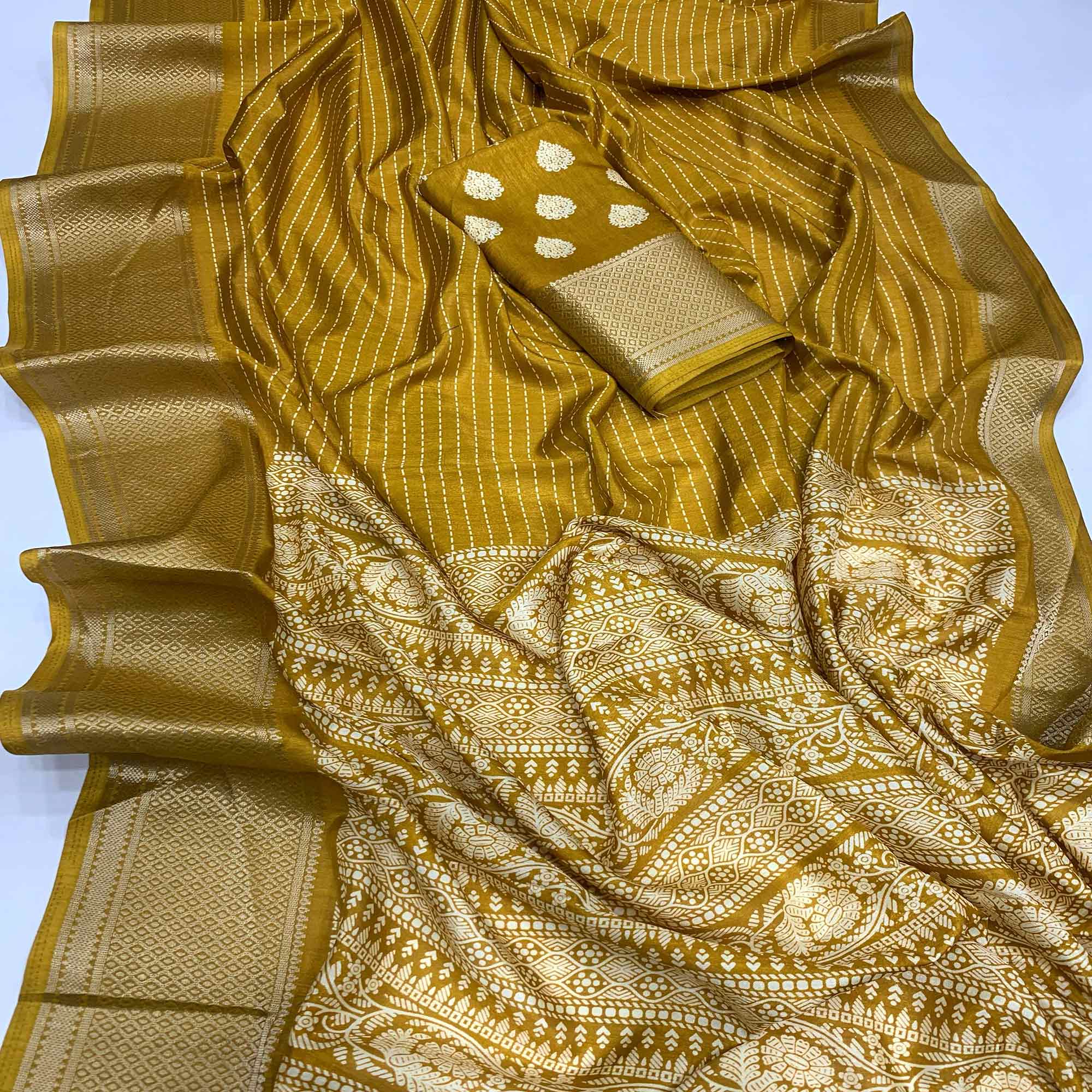Mustard Printed Dola Silk Saree With Jacquard Border