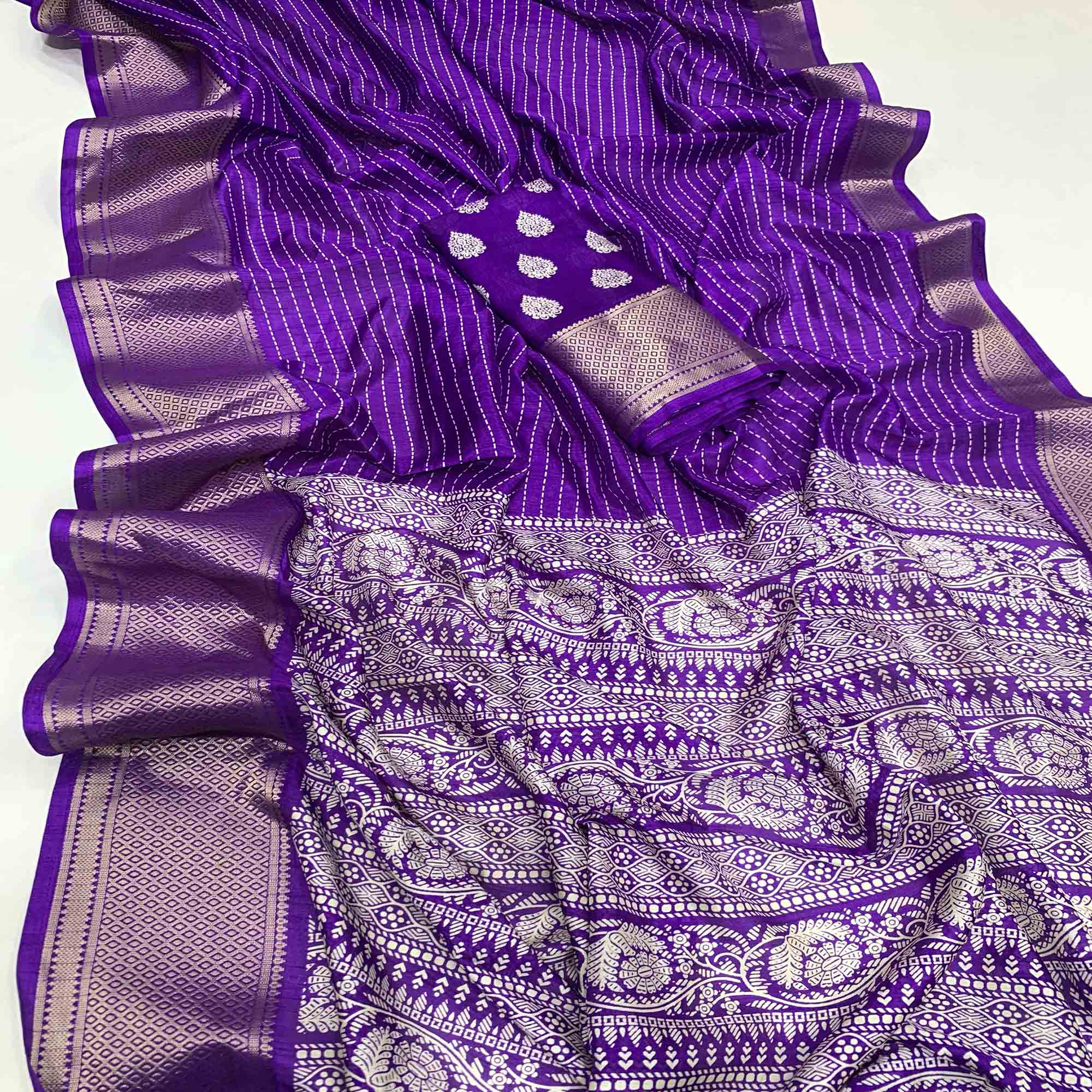 Purple Printed Dola Silk Saree With Jacquard Border