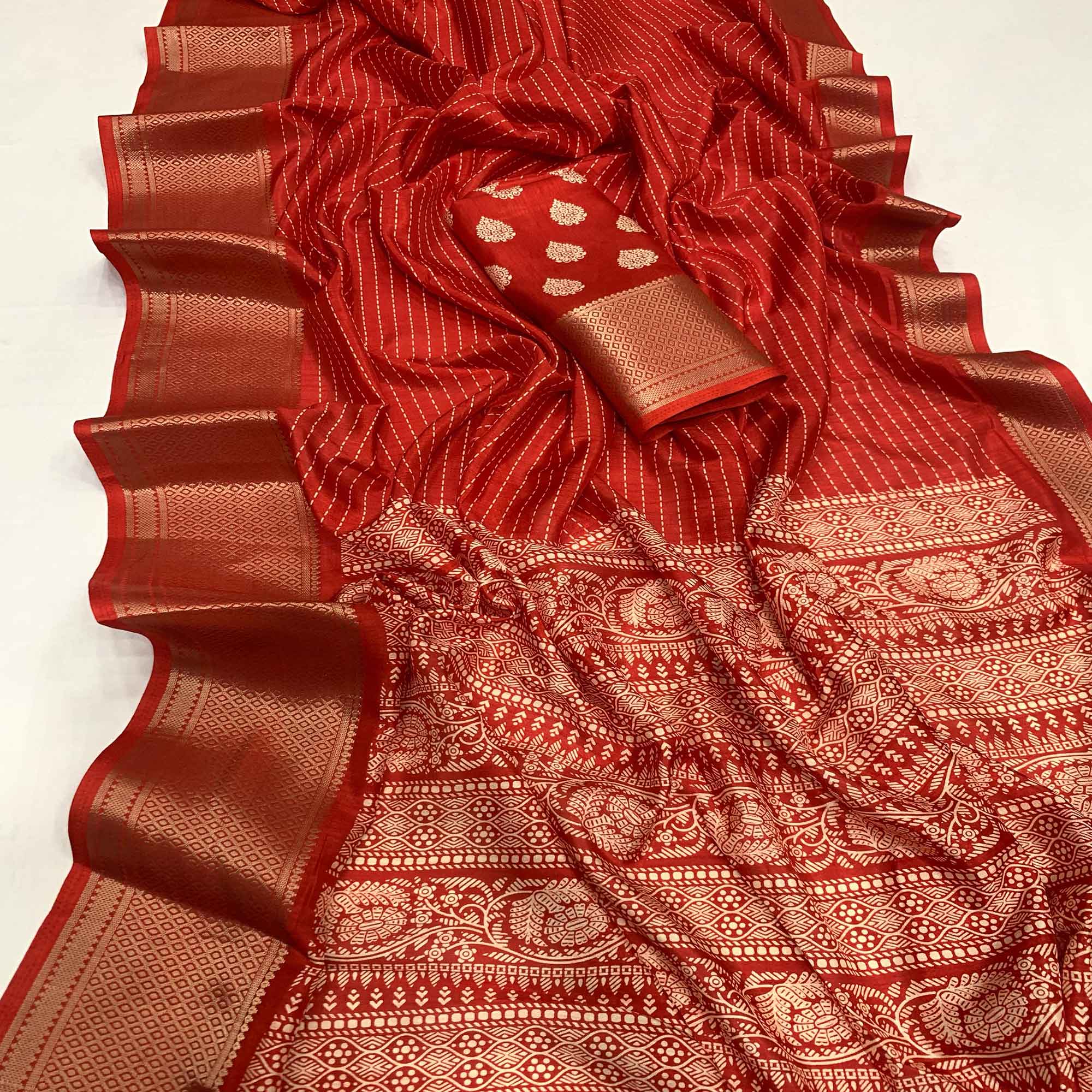 Red Printed Dola Silk Saree With Jacquard Border