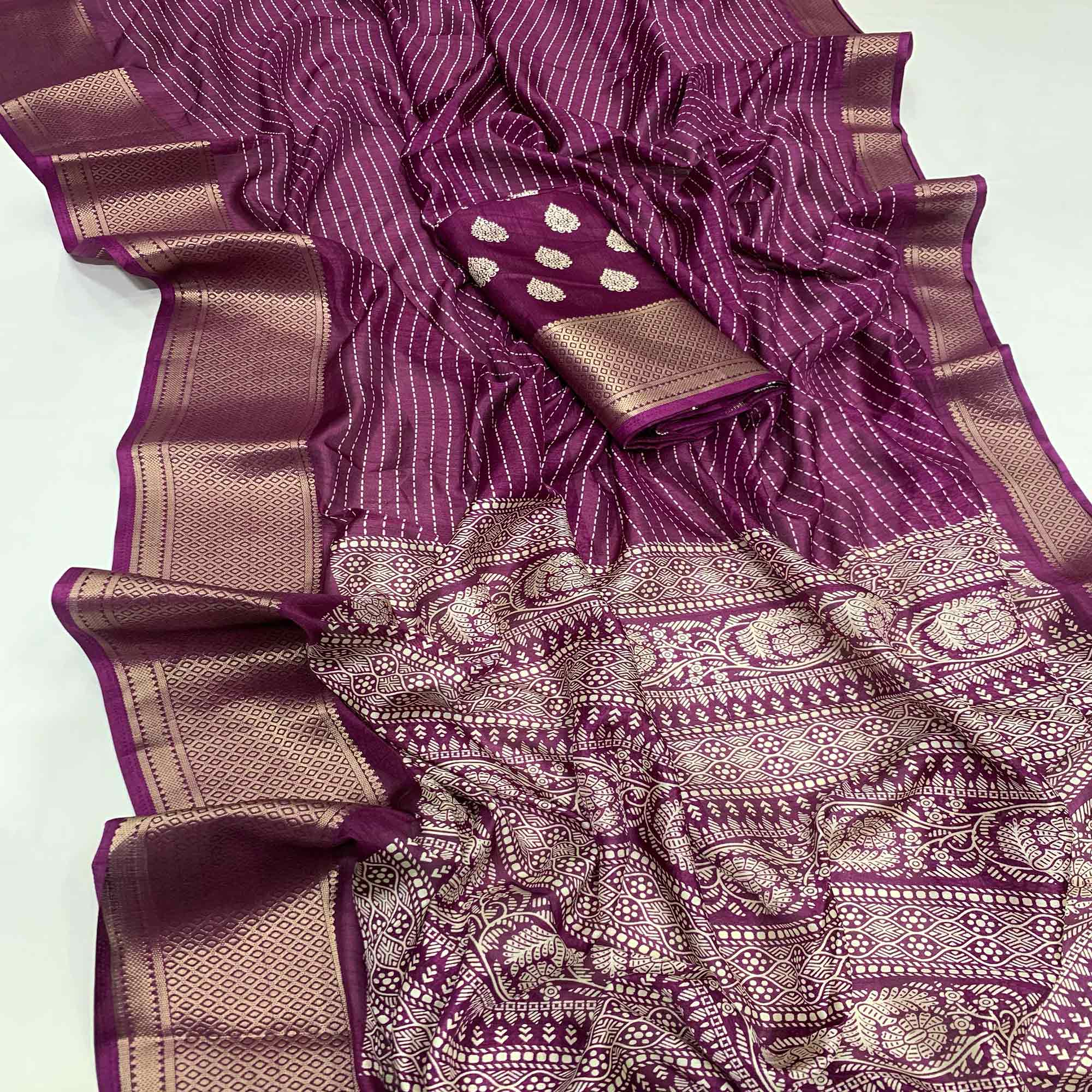 Wine Printed Dola Silk Saree With Jacquard Border