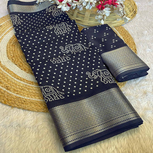 Black Bandhani Printed Dola Silk Saree With Woven Border