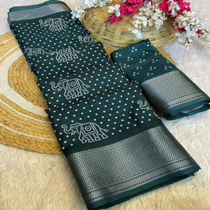 Green Bandhani Printed Dola Silk Saree With Woven Border