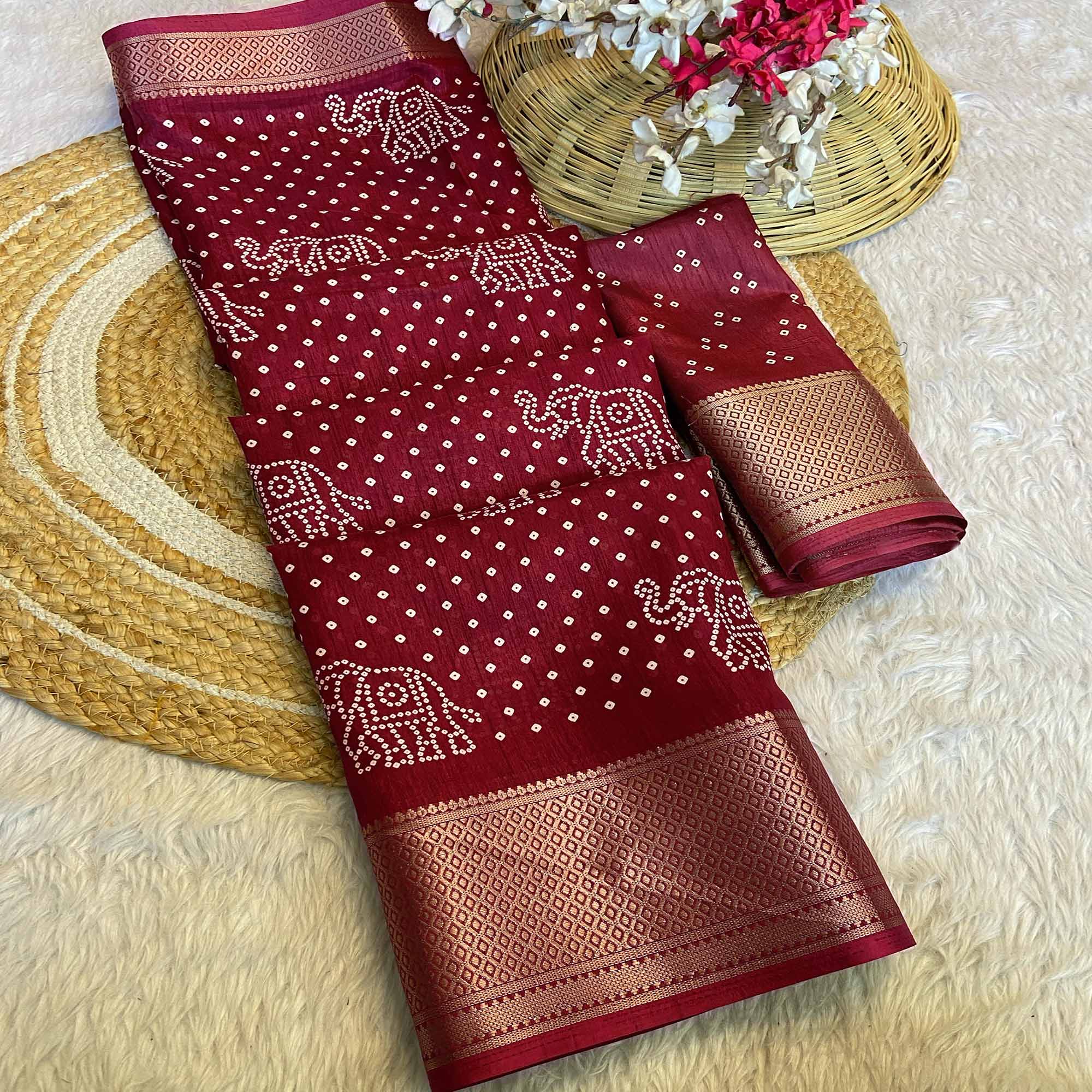 Maroon Bandhani Printed Dola Silk Saree With Woven Border