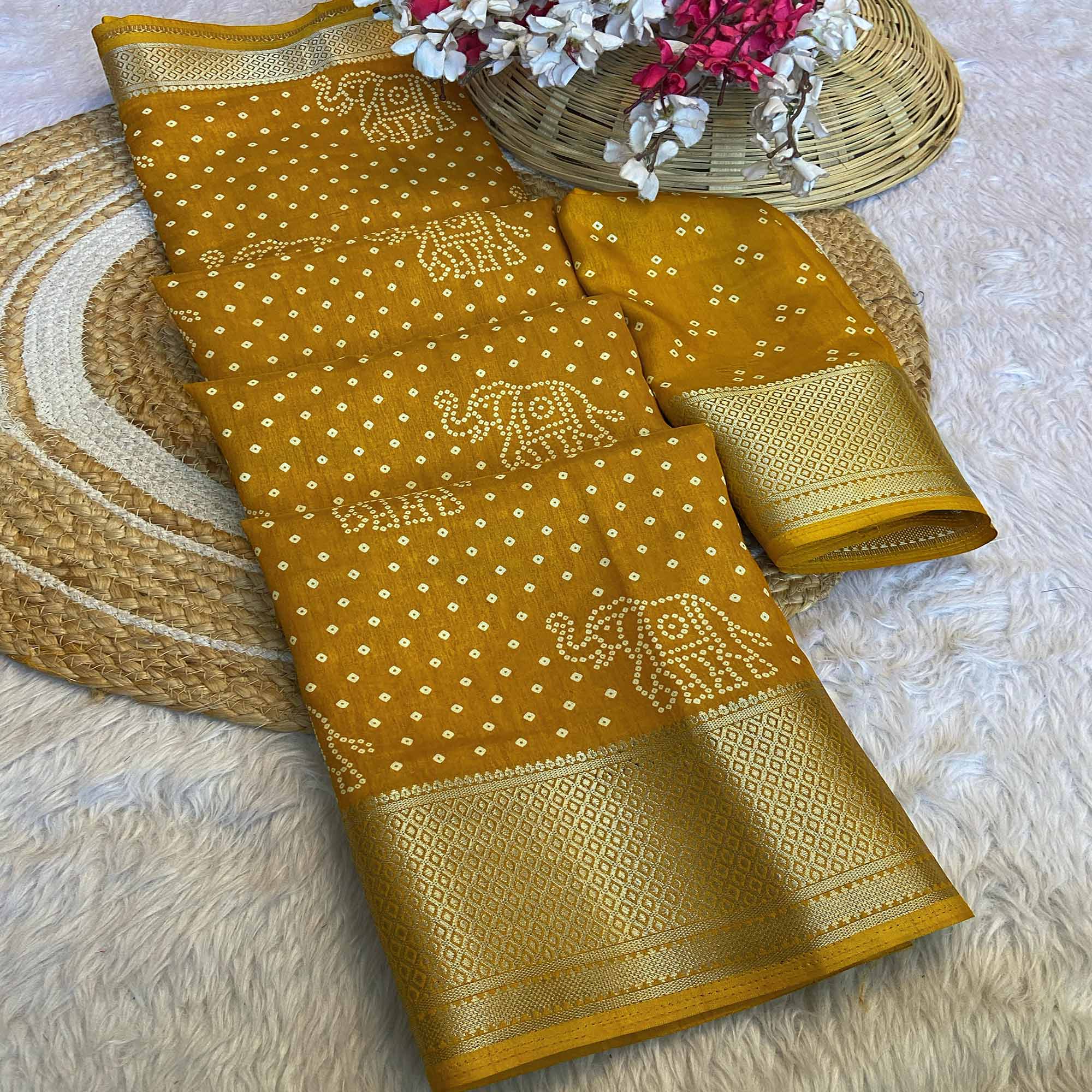 Mustard Bandhani Printed Dola Silk Saree With Woven Border