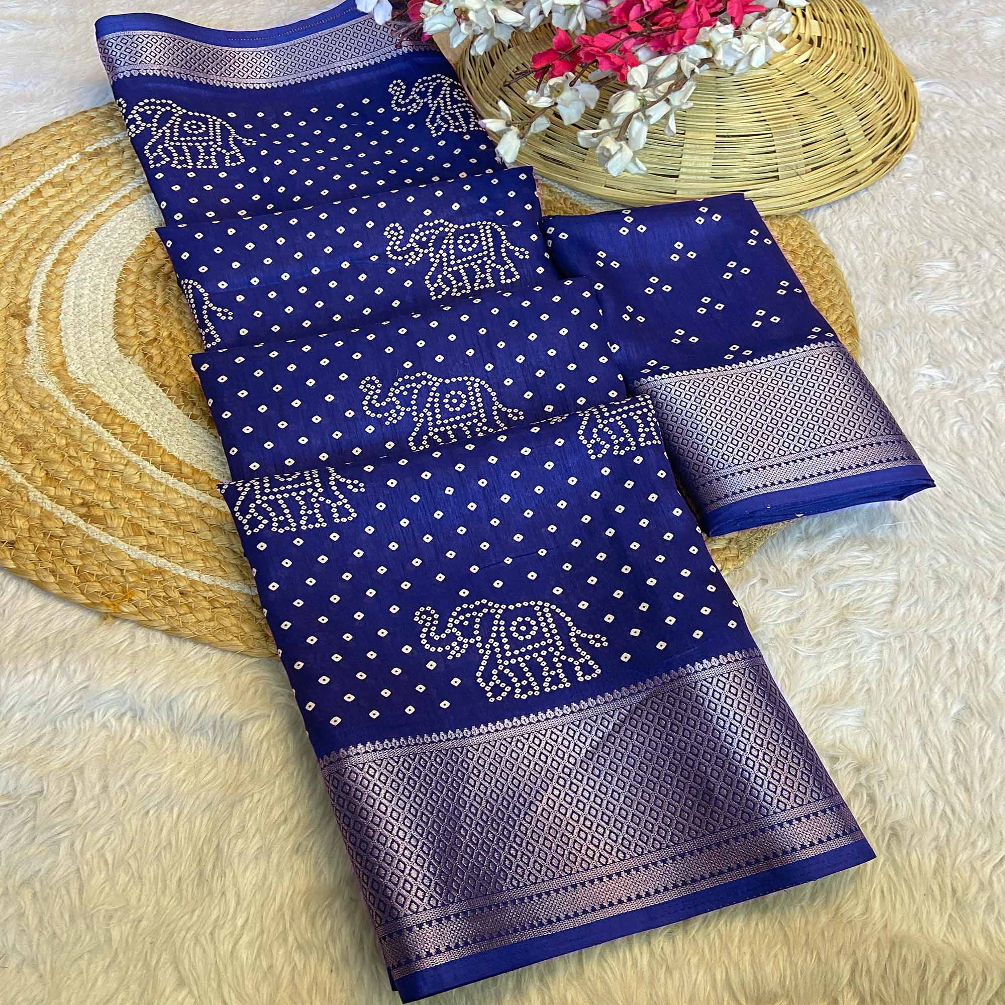 Navy Blue Bandhani Printed Dola Silk Saree With Woven Border