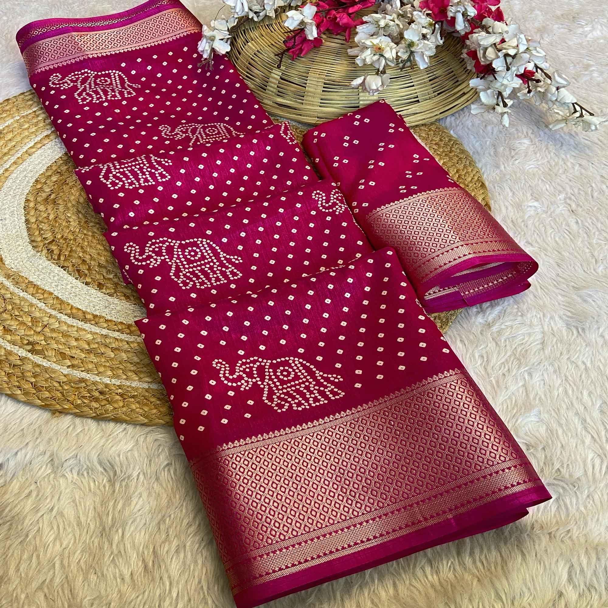 Pink Bandhani Printed Dola Silk Saree With Woven Border