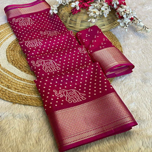 Pink Bandhani Printed Dola Silk Saree With Woven Border