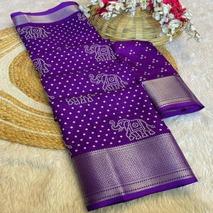 Violet Bandhani Printed Dola Silk Saree With Woven Border