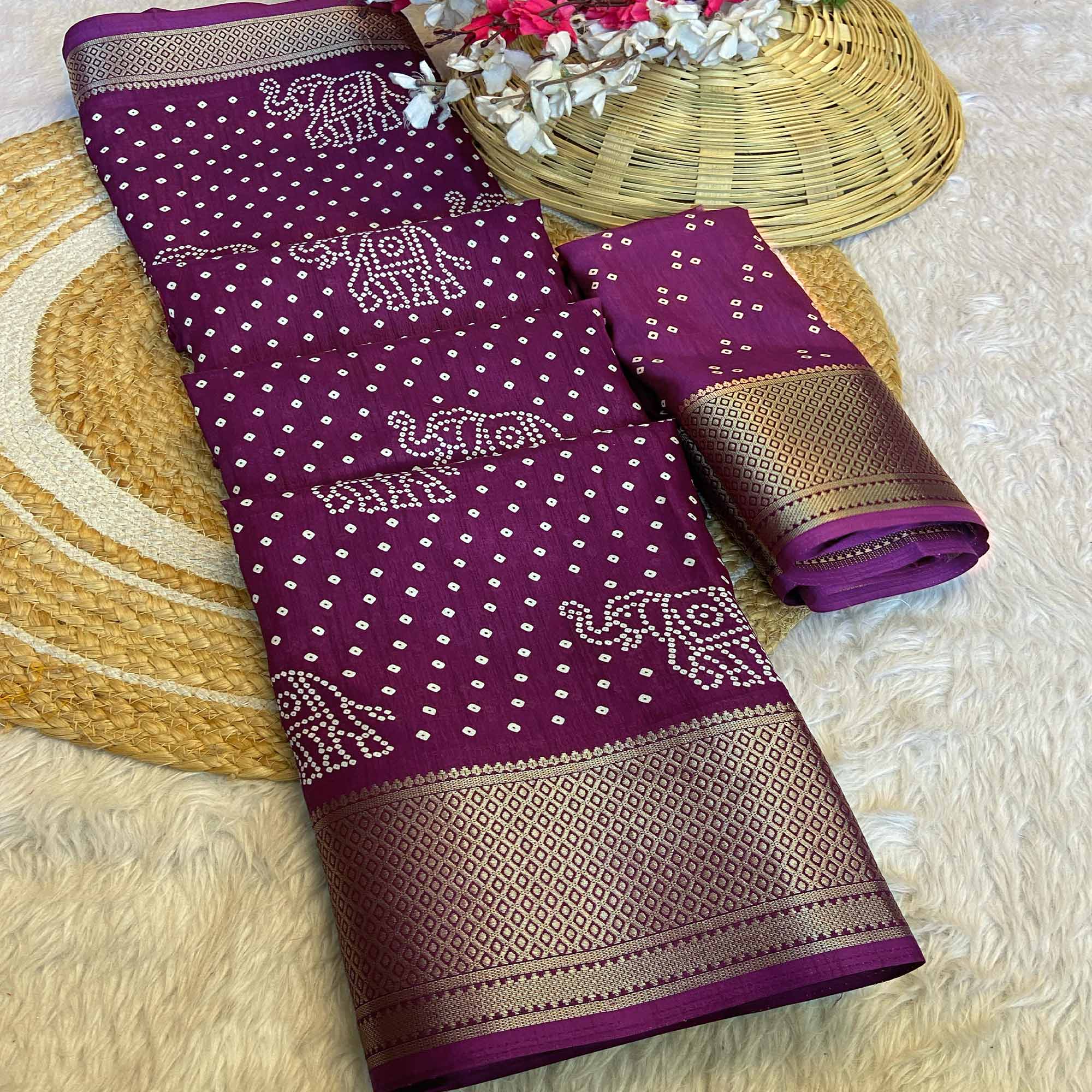 Wine Bandhani Printed Dola Silk Saree With Woven Border