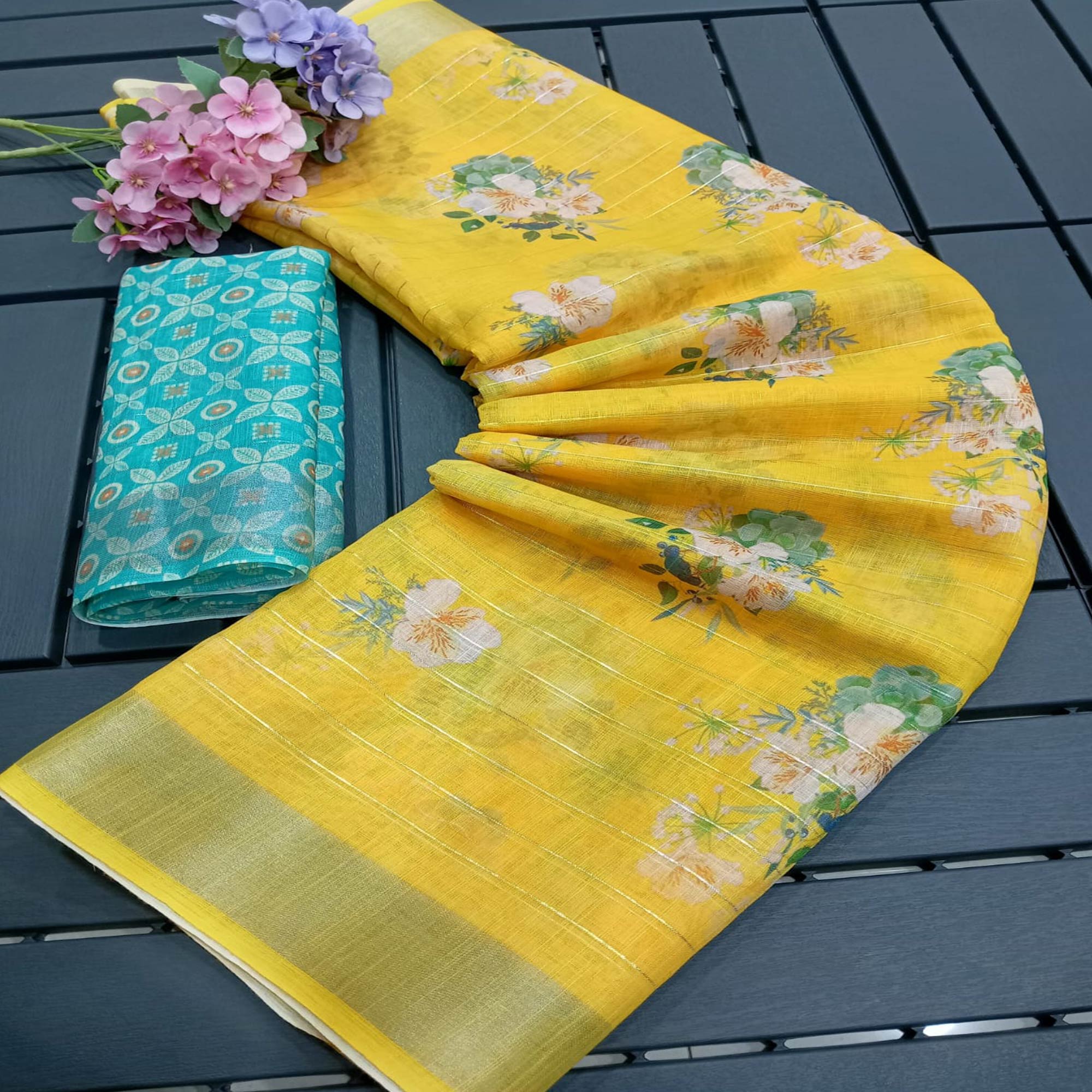 Yellow Digital Printed With Zari Work Linen Cotton Saree