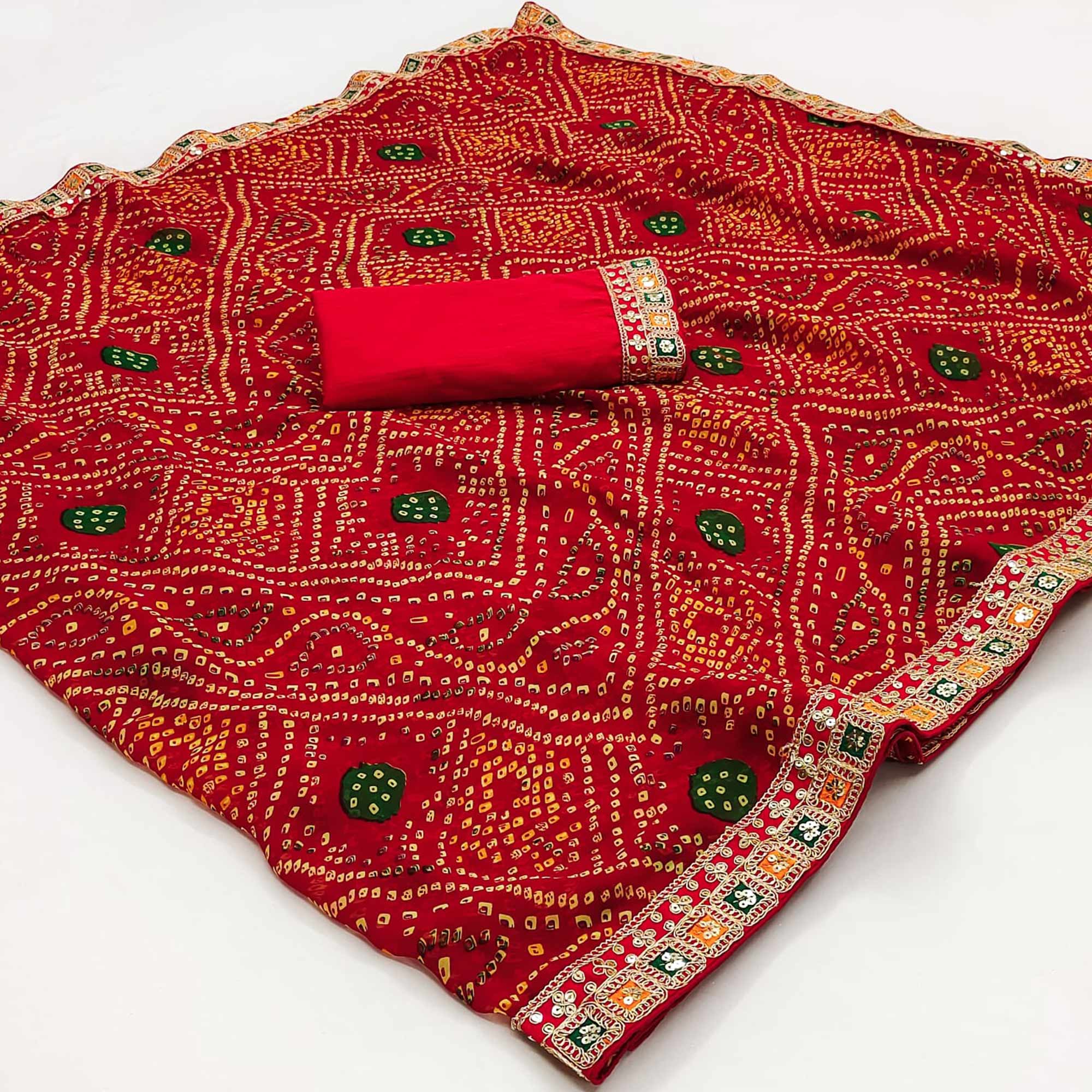 Red Bandhani Printed With Sequins Border Georgette Saree