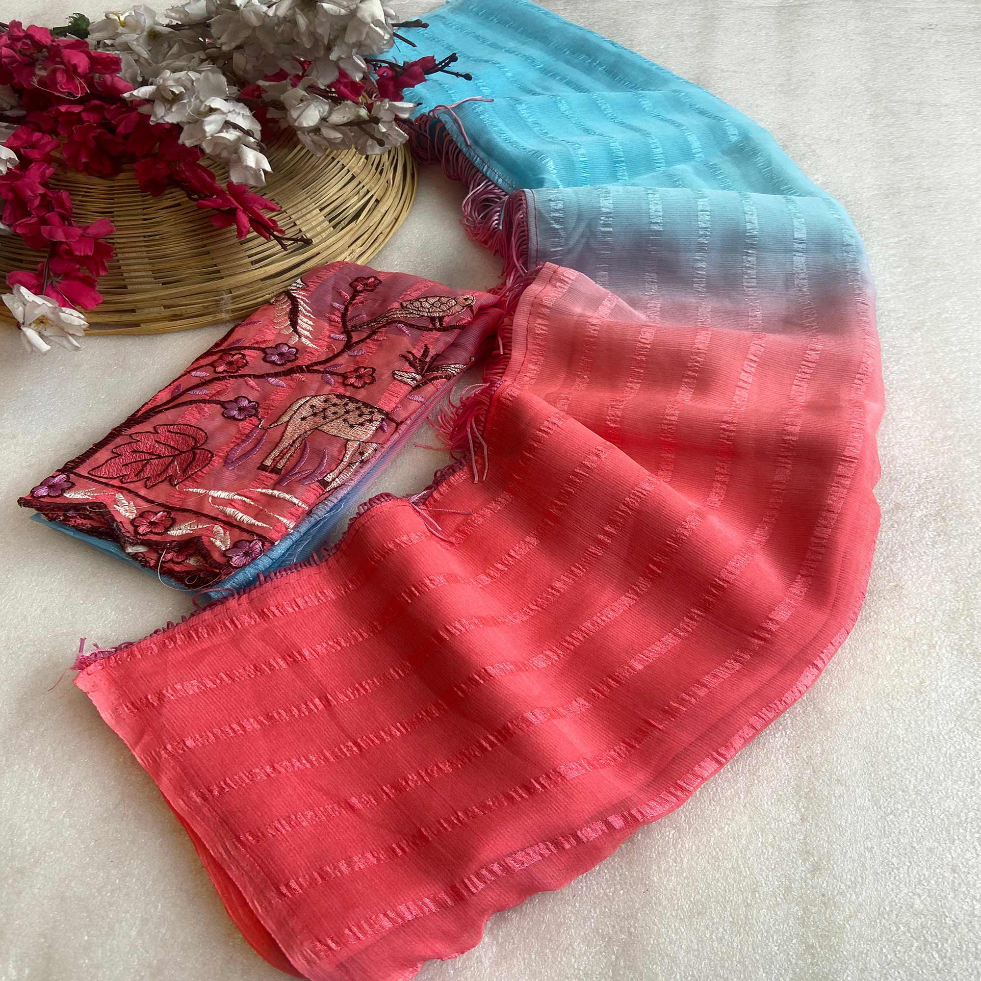 Blue & Peach Ombre Chiffon Saree with Delicate Woven Texture