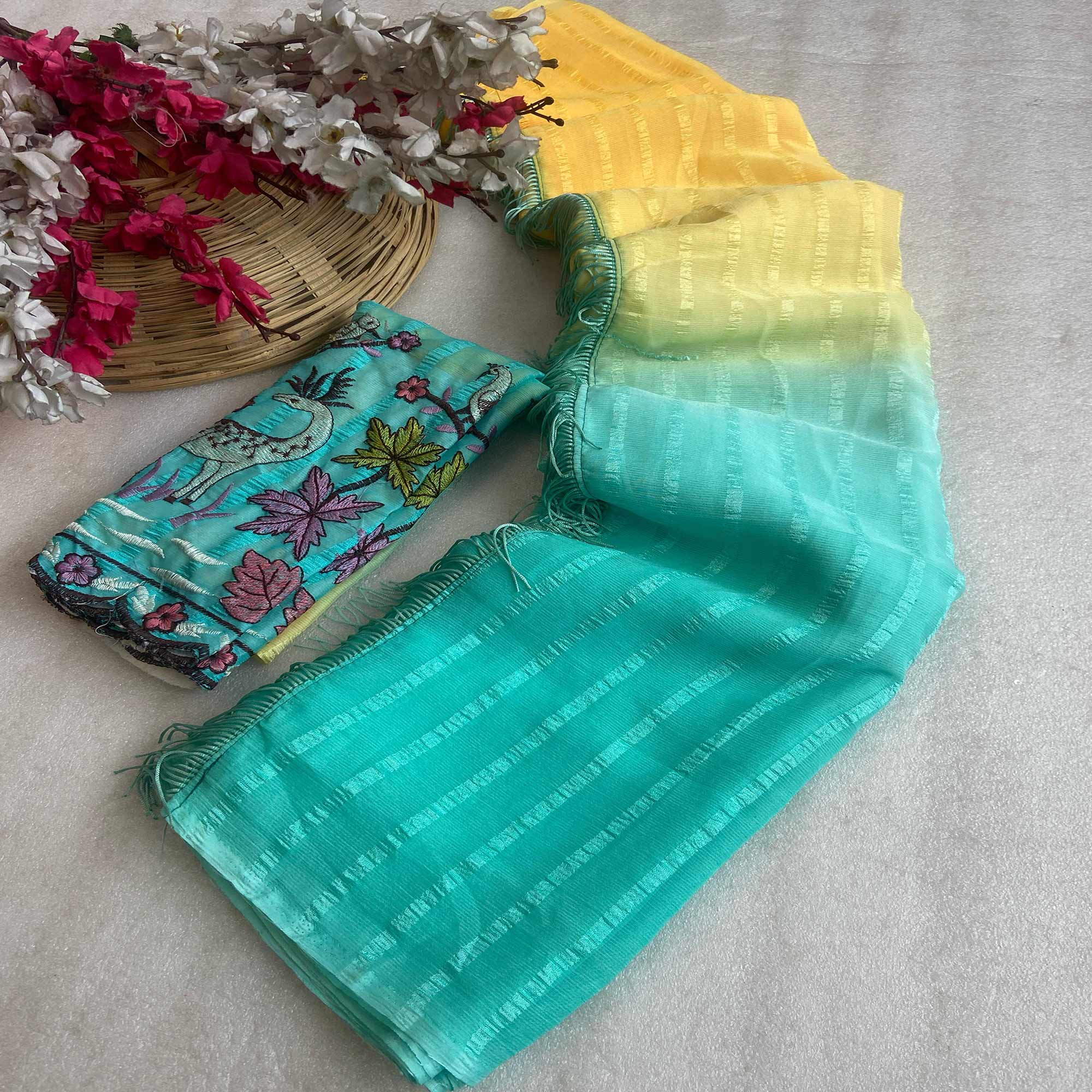 Yellow & Turquoise Ombre Chiffon Saree with Delicate Woven Texture