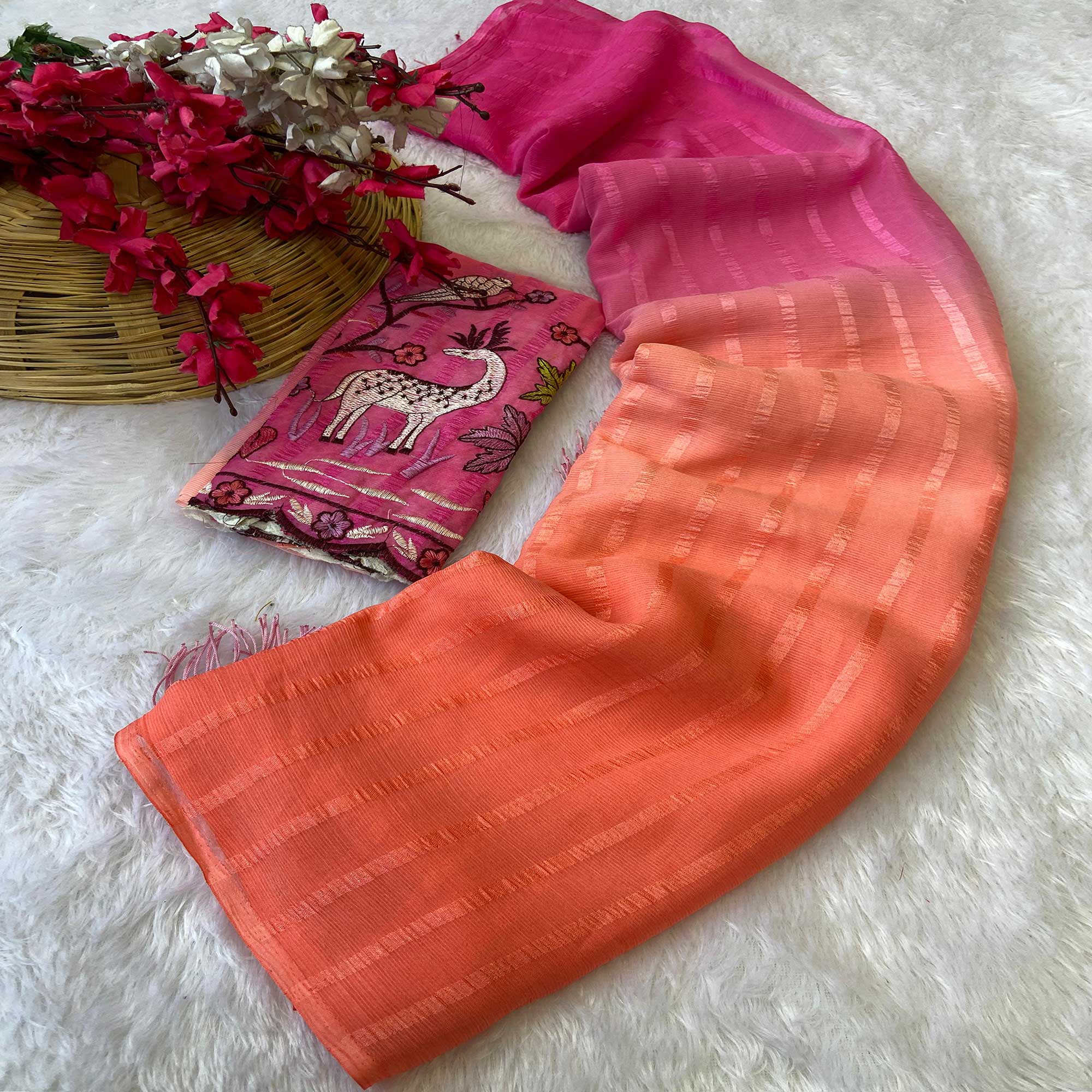 Pink & Orange Ombre Chiffon Saree with Delicate Woven Texture