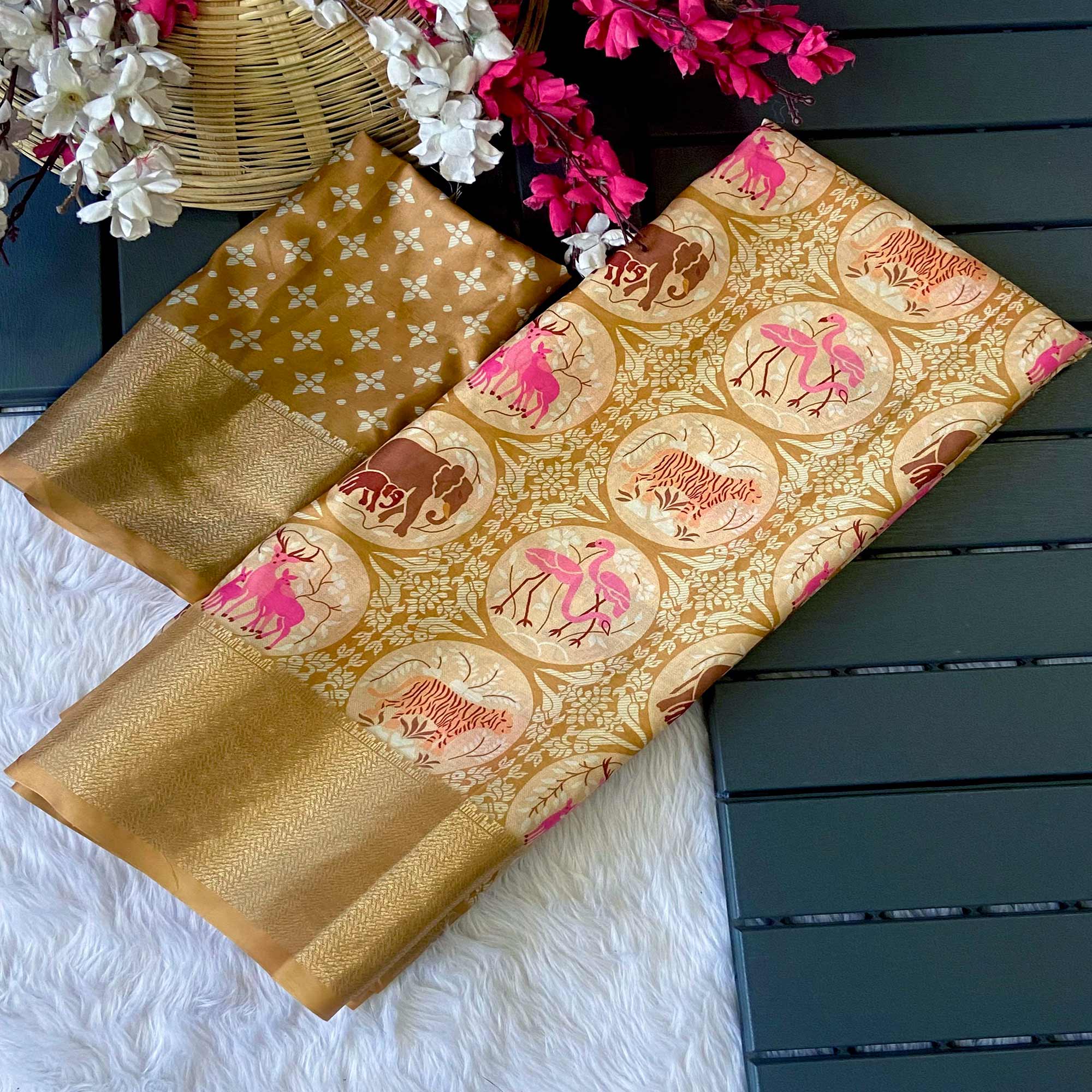 Beige Floral Zari Weaving Dola Silk Saree