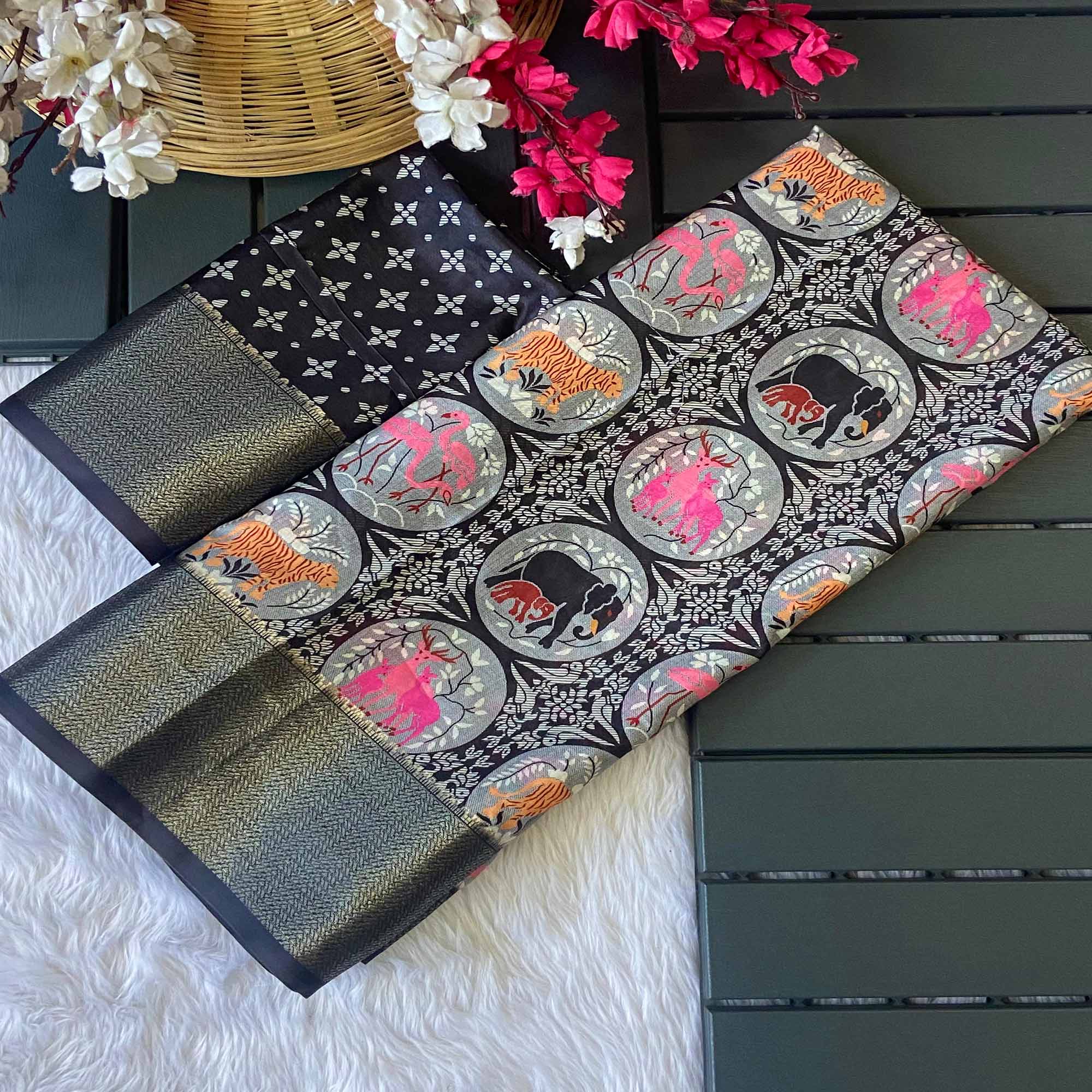 Black Floral Zari Weaving Dola Silk Saree