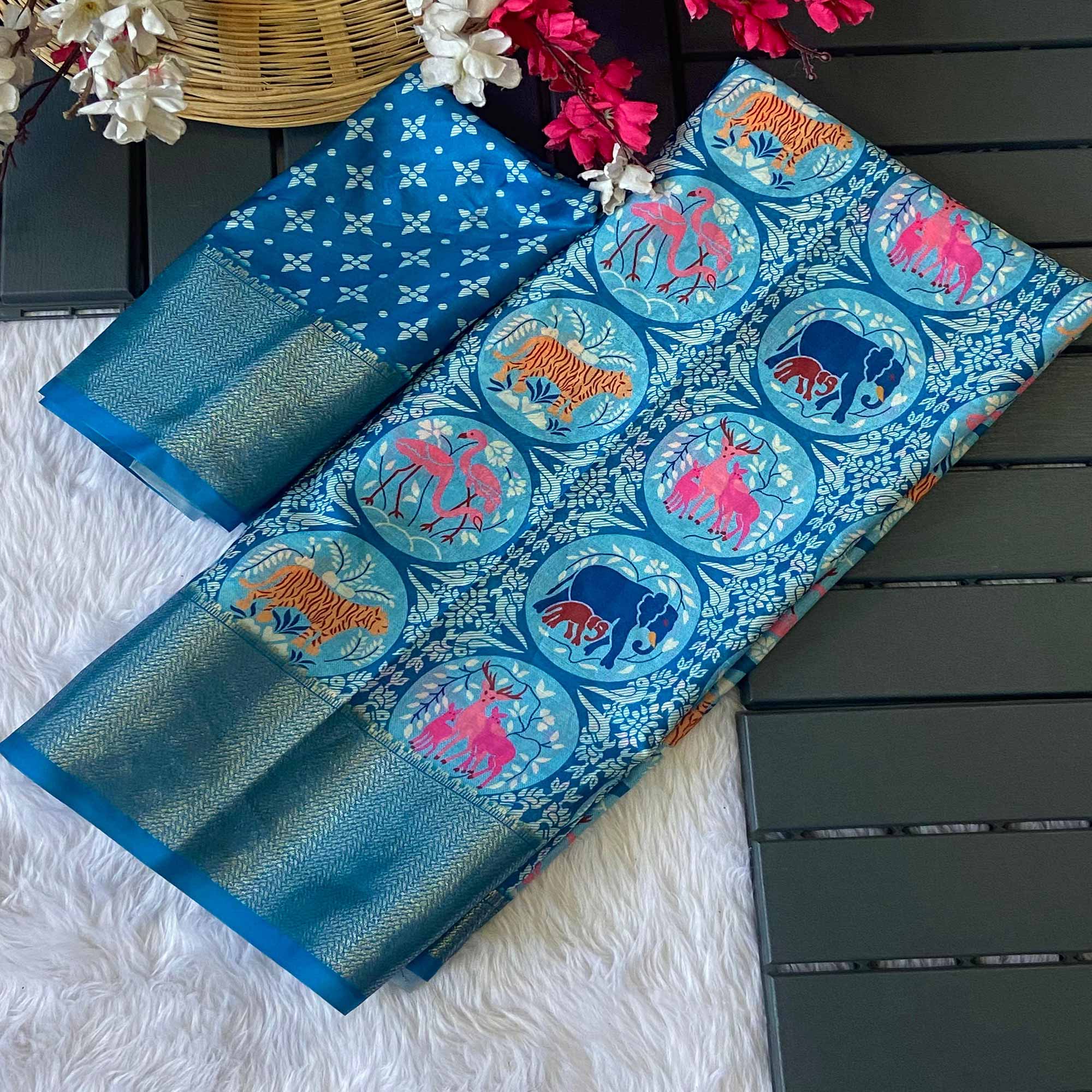Blue Floral Zari Weaving Dola Silk Saree