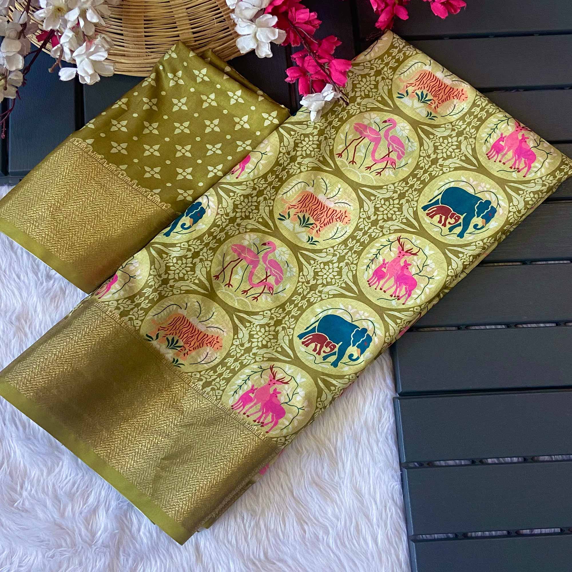 Green Floral Zari Weaving Dola Silk Saree