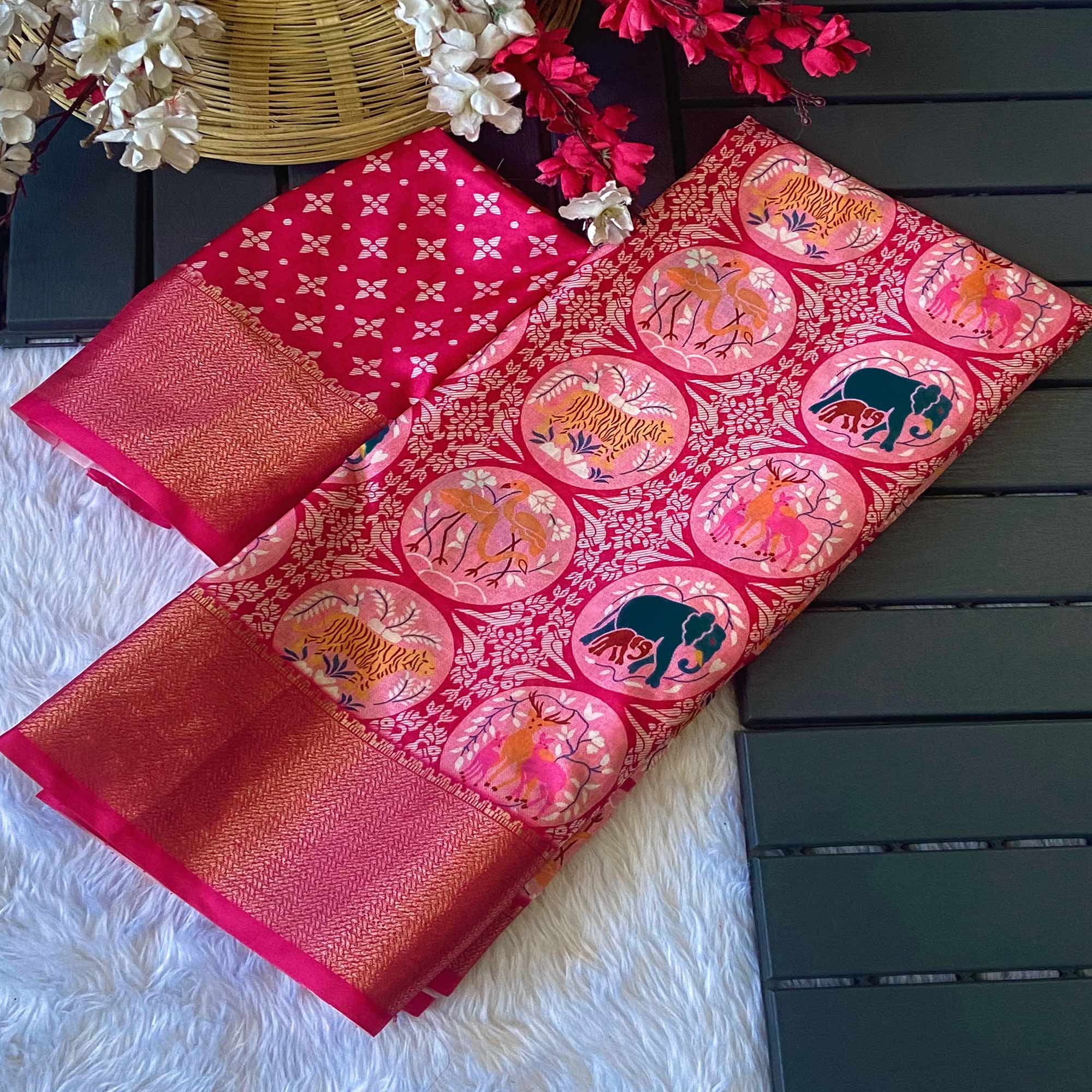 Pink Floral Zari Weaving Dola Silk Saree