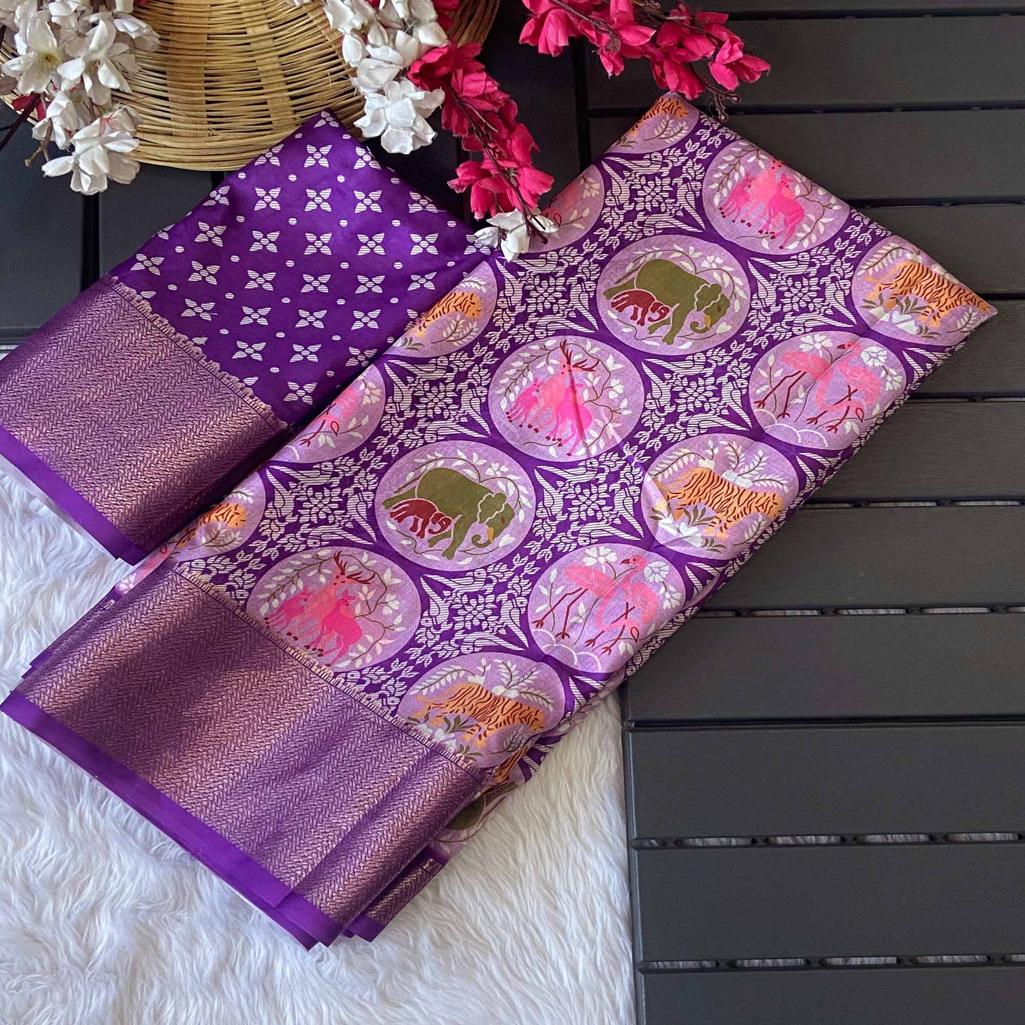 Purple Floral Zari Weaving Dola Silk Saree